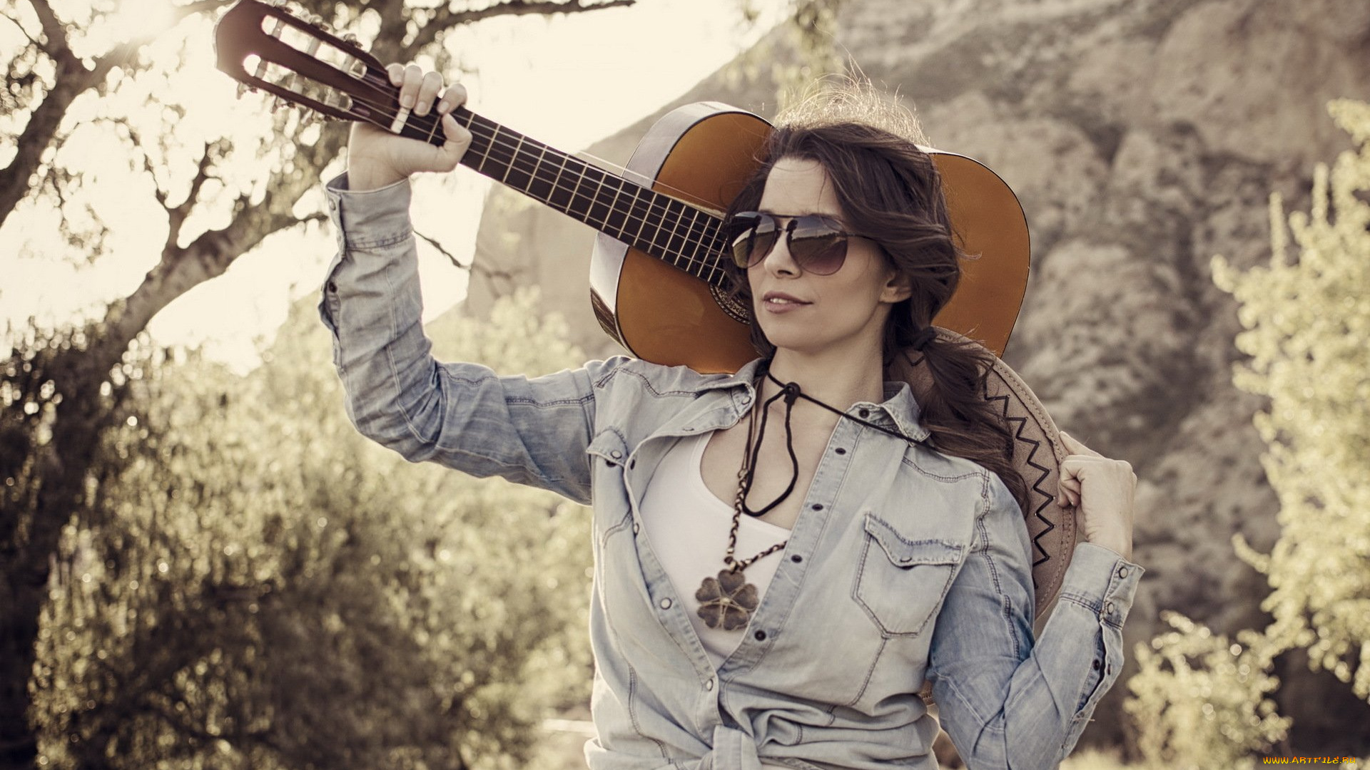музыка, -другое, природа, гора, шляпа, гитара, очки, девушка