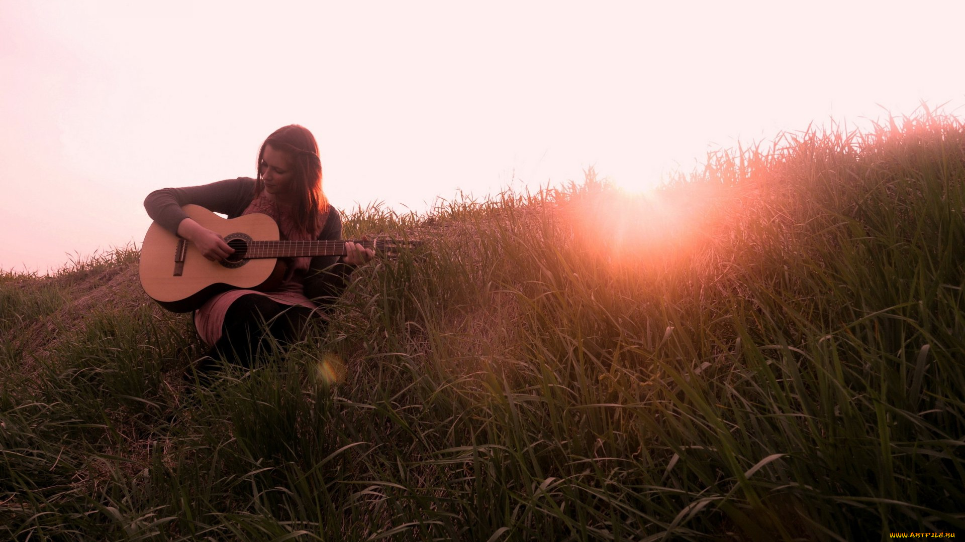 музыка, -другое, растения, гитара, природа, закат, девушка