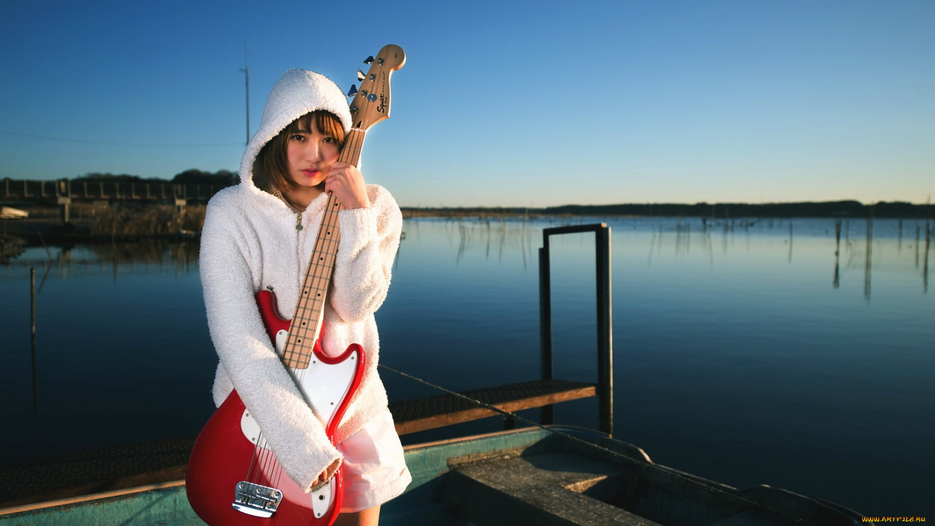 музыка, -другое, водоем, азиатка, гитара, взгляд, девушка