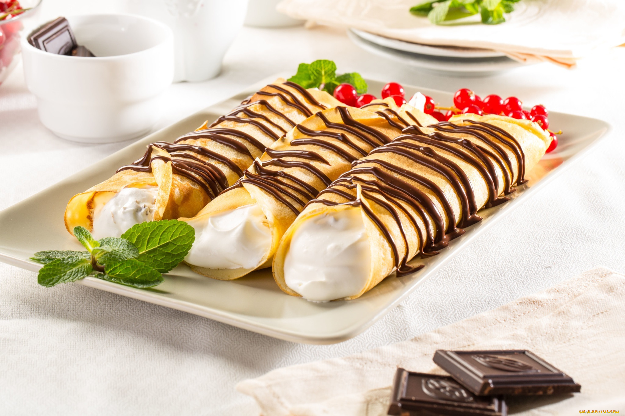 еда, блины, , оладьи, шоколад, блинчики, десерт, мята