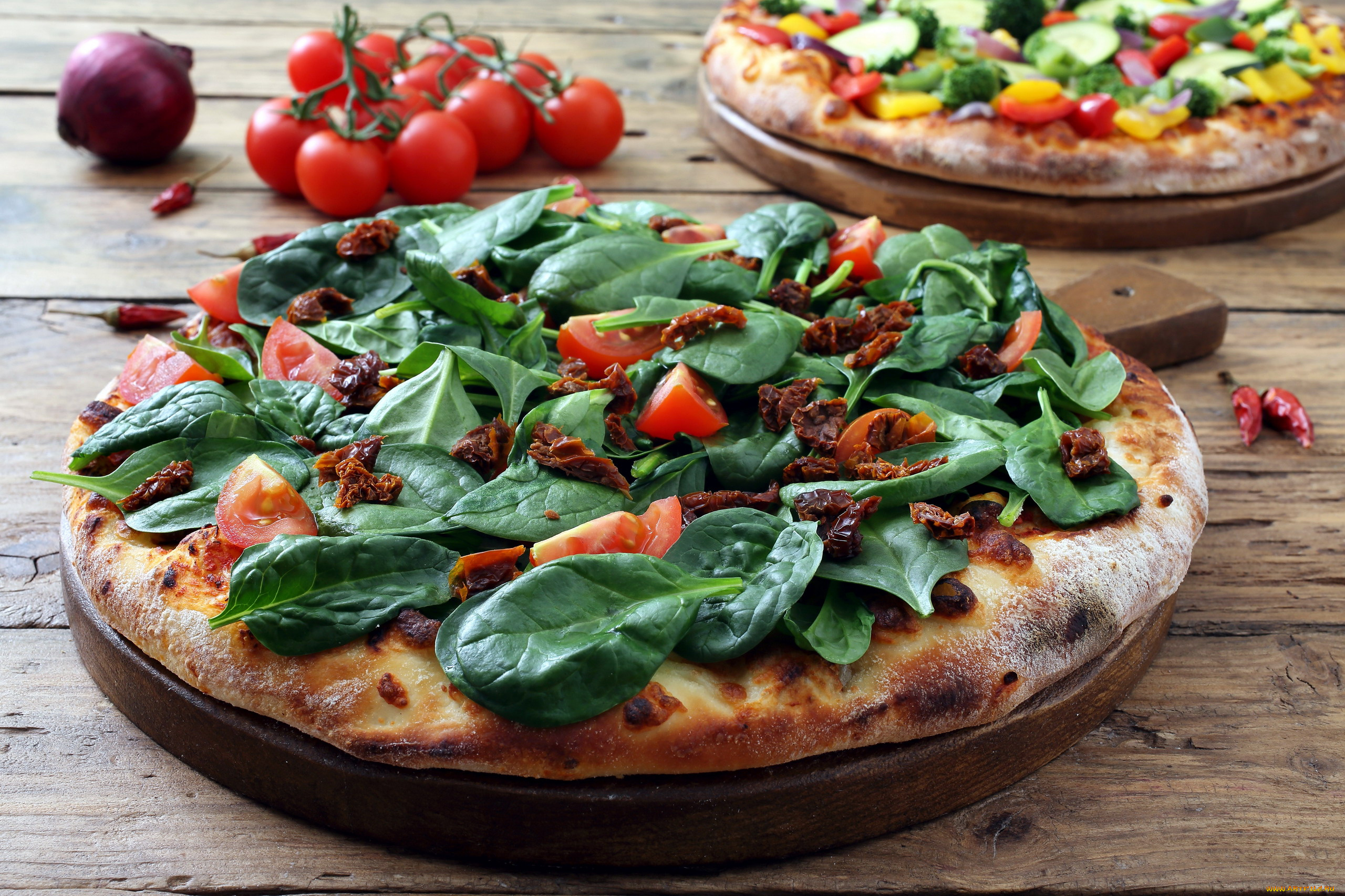 еда, пицца, помидоры, шпинат, томаты
