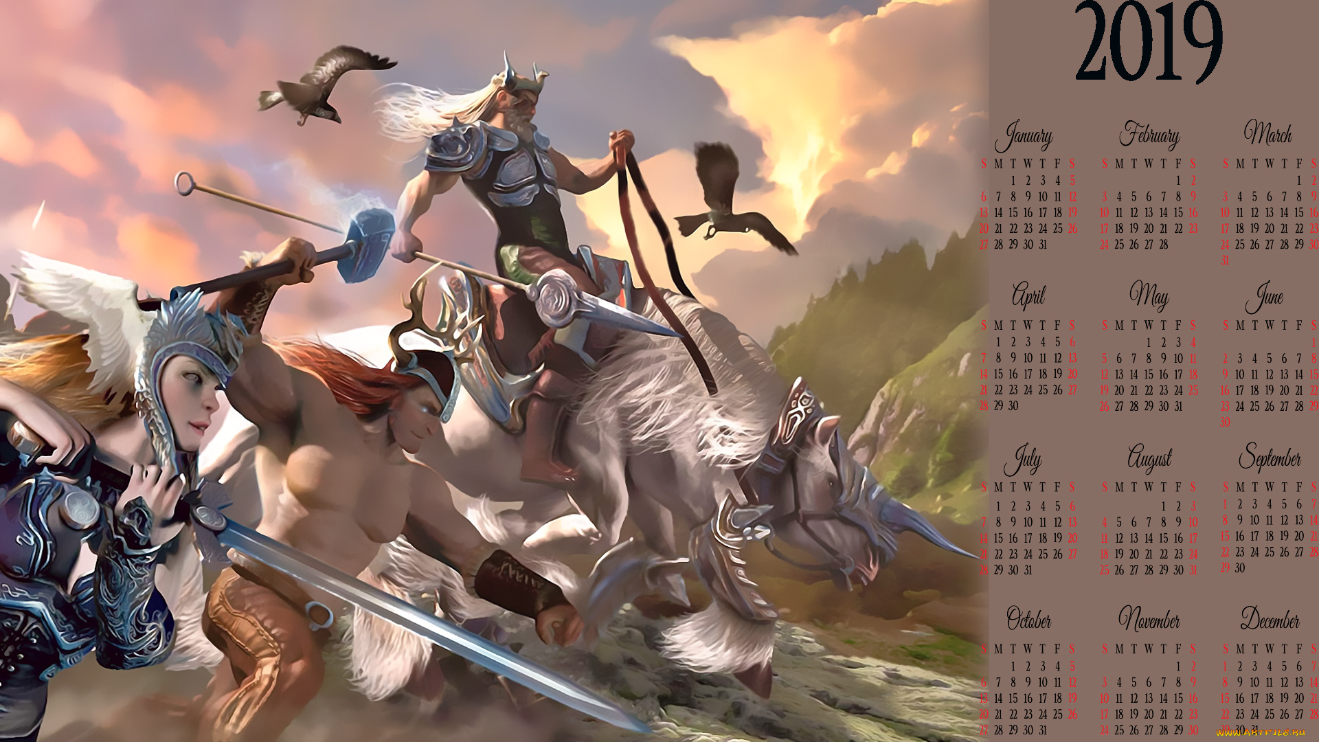 календари, фэнтези, животное, лошадь, птица, женщина, calendar, конь, мужчина, человек