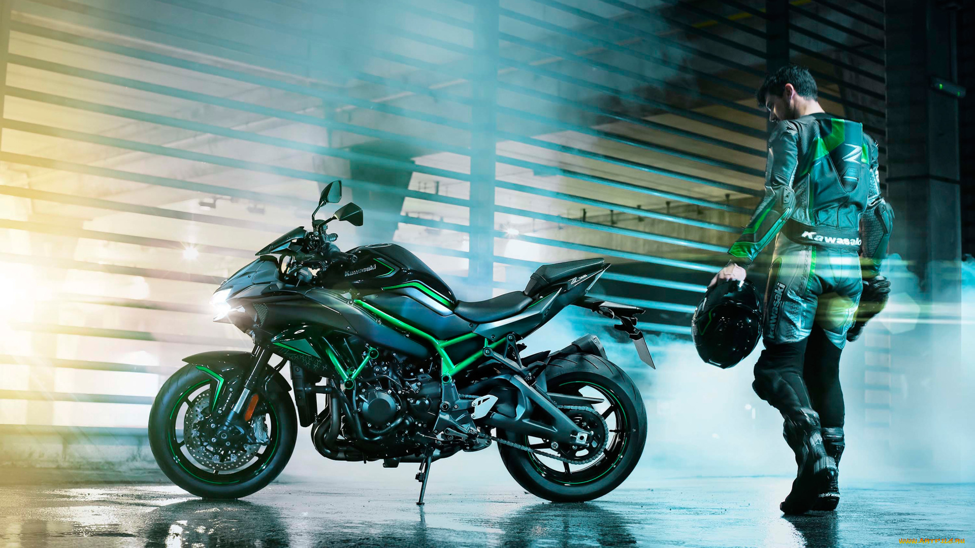 2020, kawasaki, z, h2, мотоциклы, kawasaki, z, h2, гонщик, шлем, комбинезон, японские