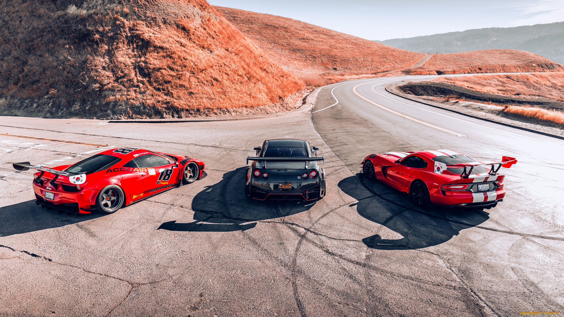 автомобили, разные, вместе, ferrari, nissan, dodge