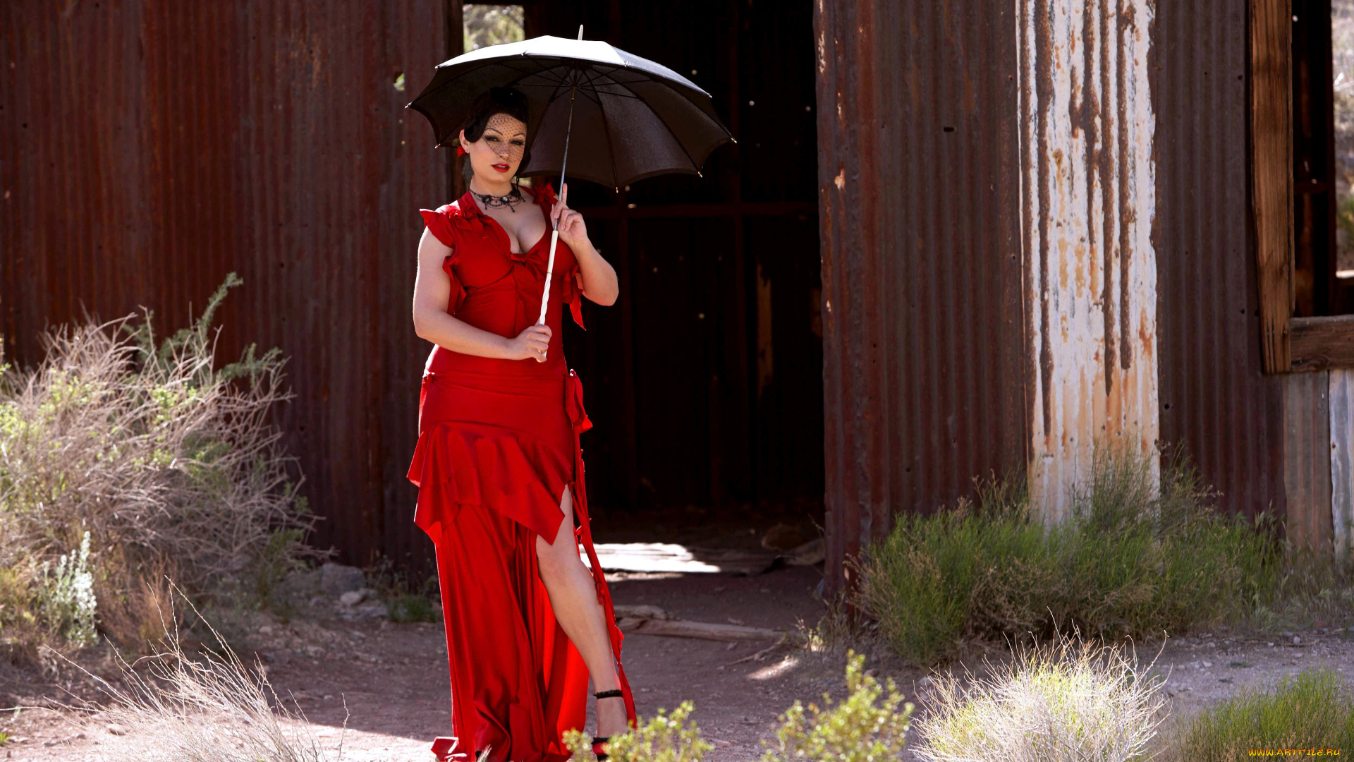 девушки, aria, giovanni, брюнетка, платье, зонт, сарай