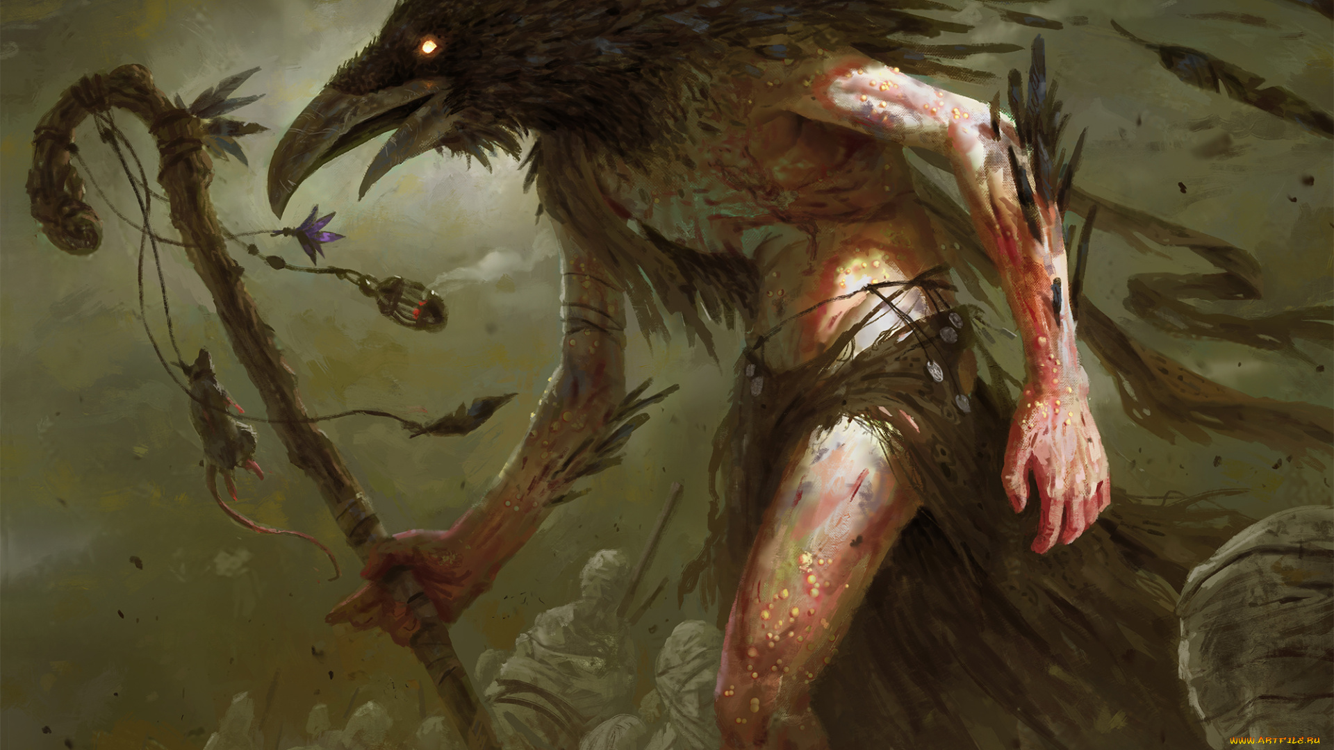 фэнтези, существа, существо, фон, ворон, посох, мышь