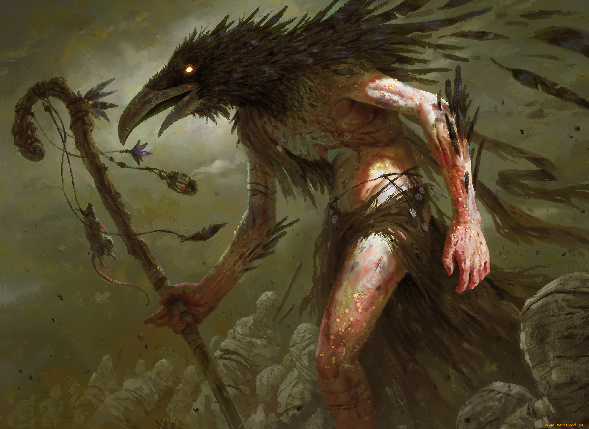 фэнтези, существа, существо, фон, ворон, посох, мышь