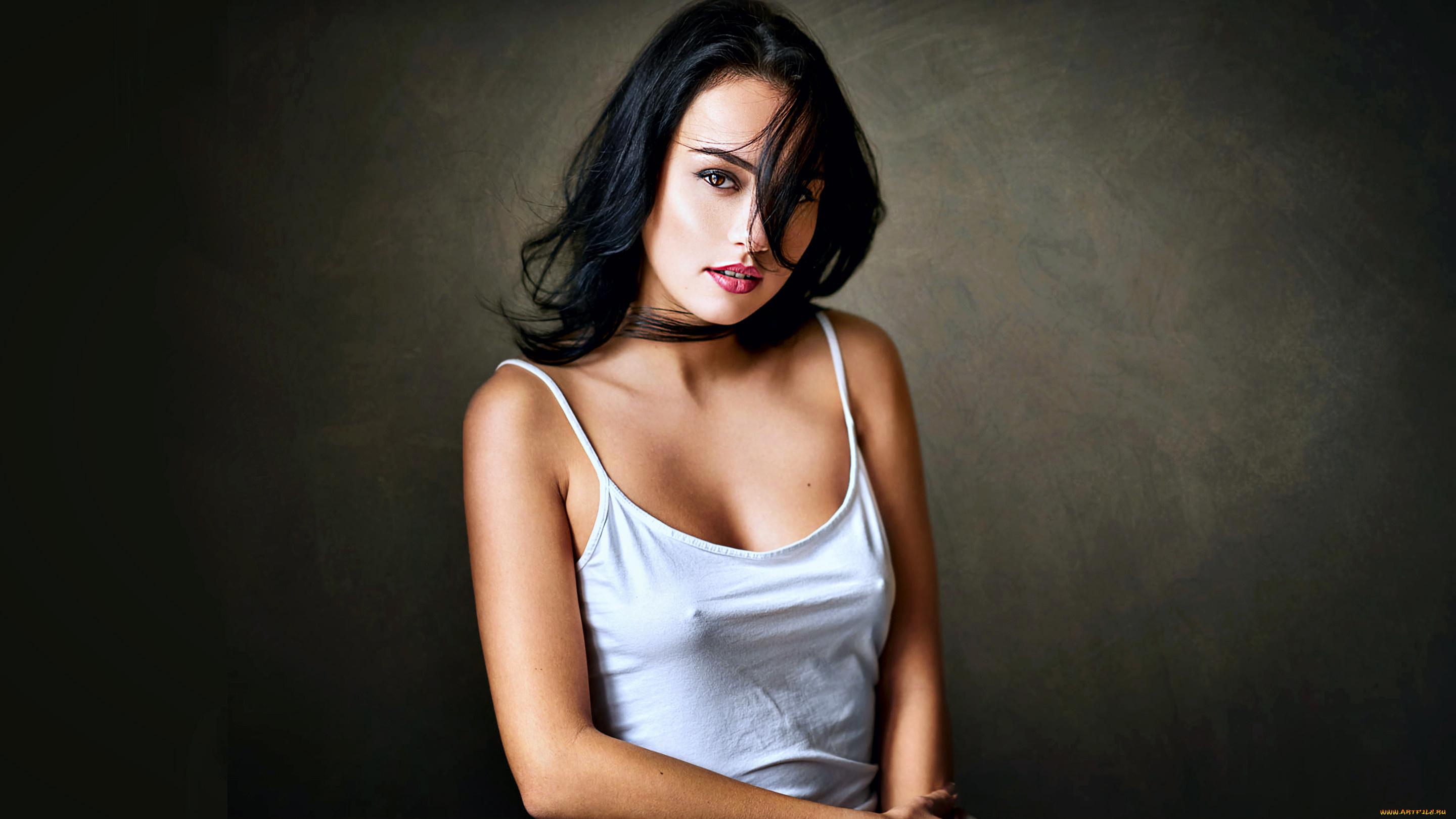 девушки, -, брюнетки, , шатенки, девушка, портрет, майка, темный, фон