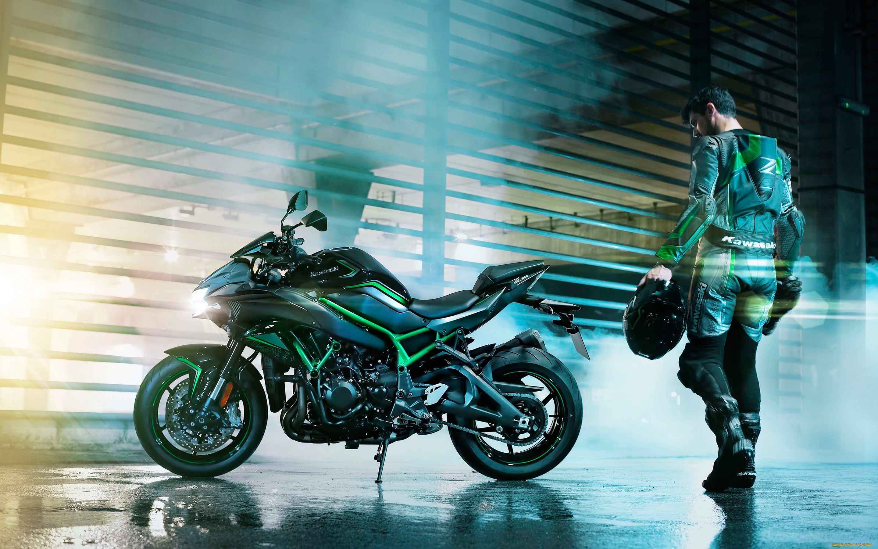 2020, kawasaki, z, h2, мотоциклы, kawasaki, z, h2, гонщик, шлем, комбинезон, японские