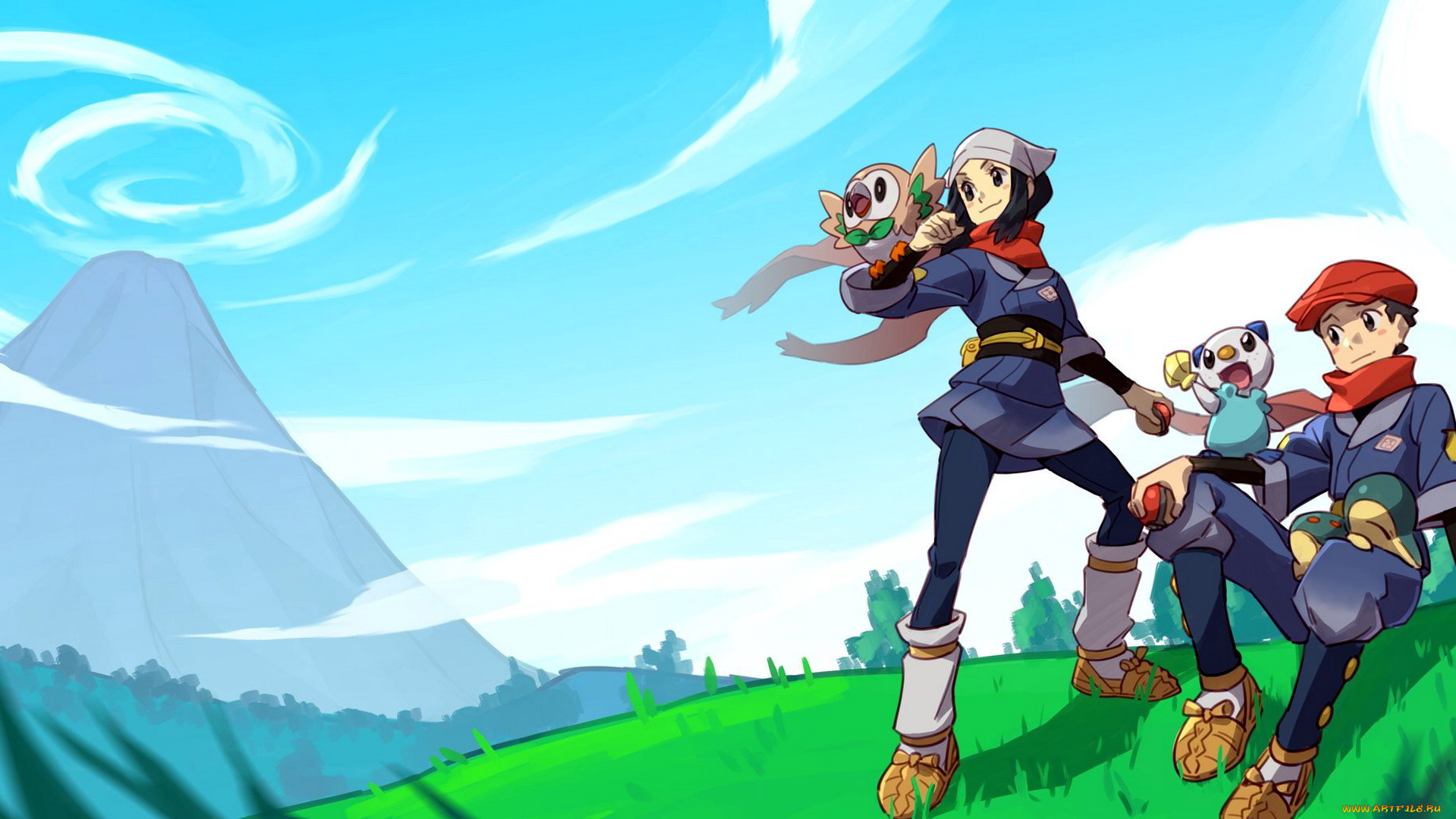аниме, pokemon, девочка, мальчик, существа, гора