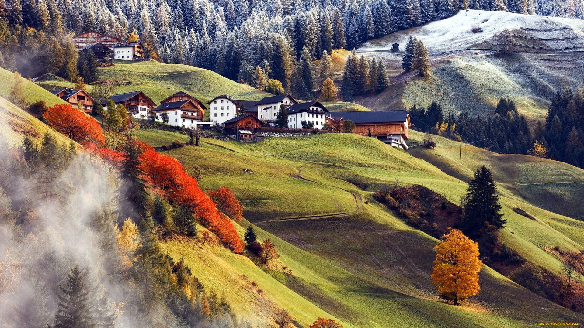 города, -, панорамы, горы, туман