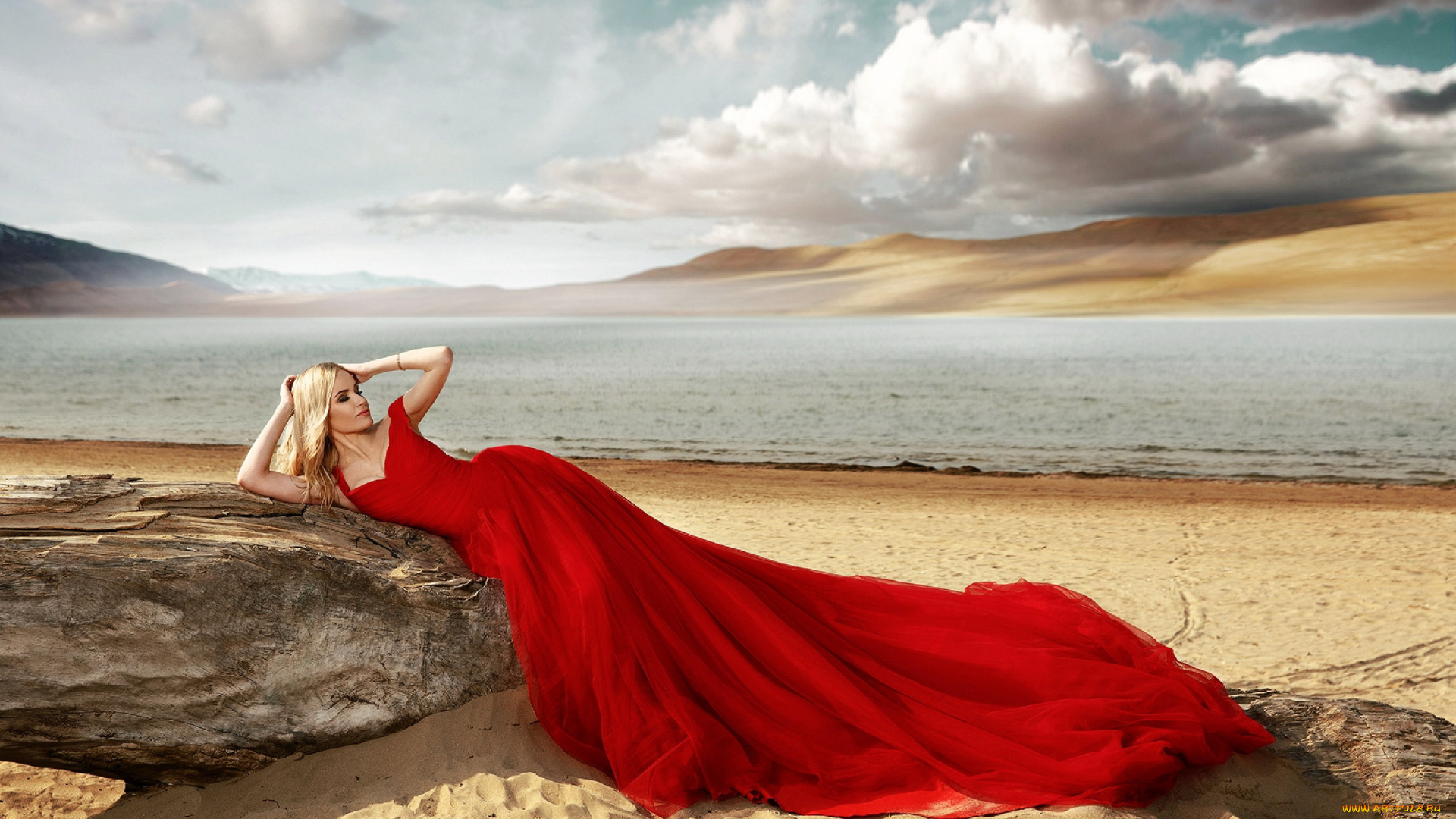 девушки, -, блондинки, , светловолосые, пляж, песок, камень, блондинка, шелковое, платье