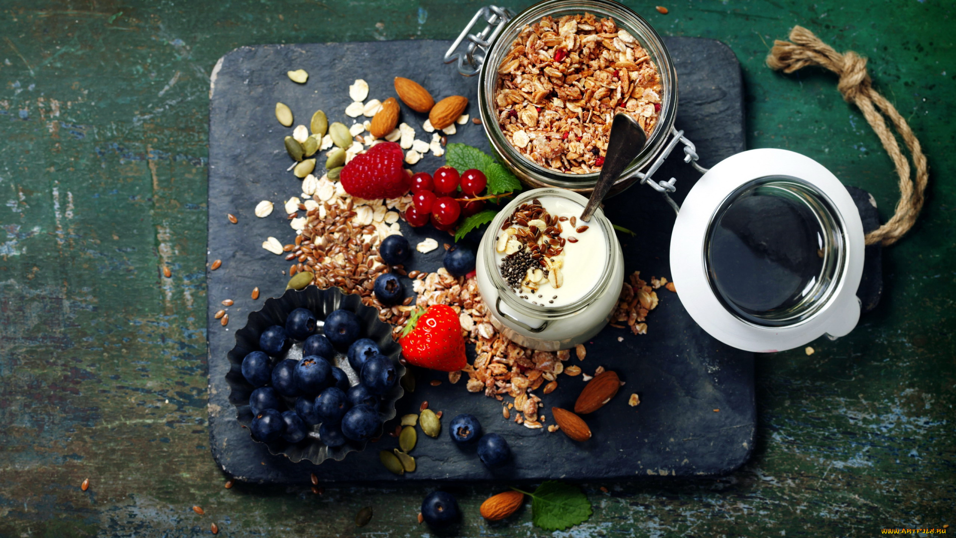 еда, мюсли, , хлопья, орехи, йогурт, ягоды, завтрак