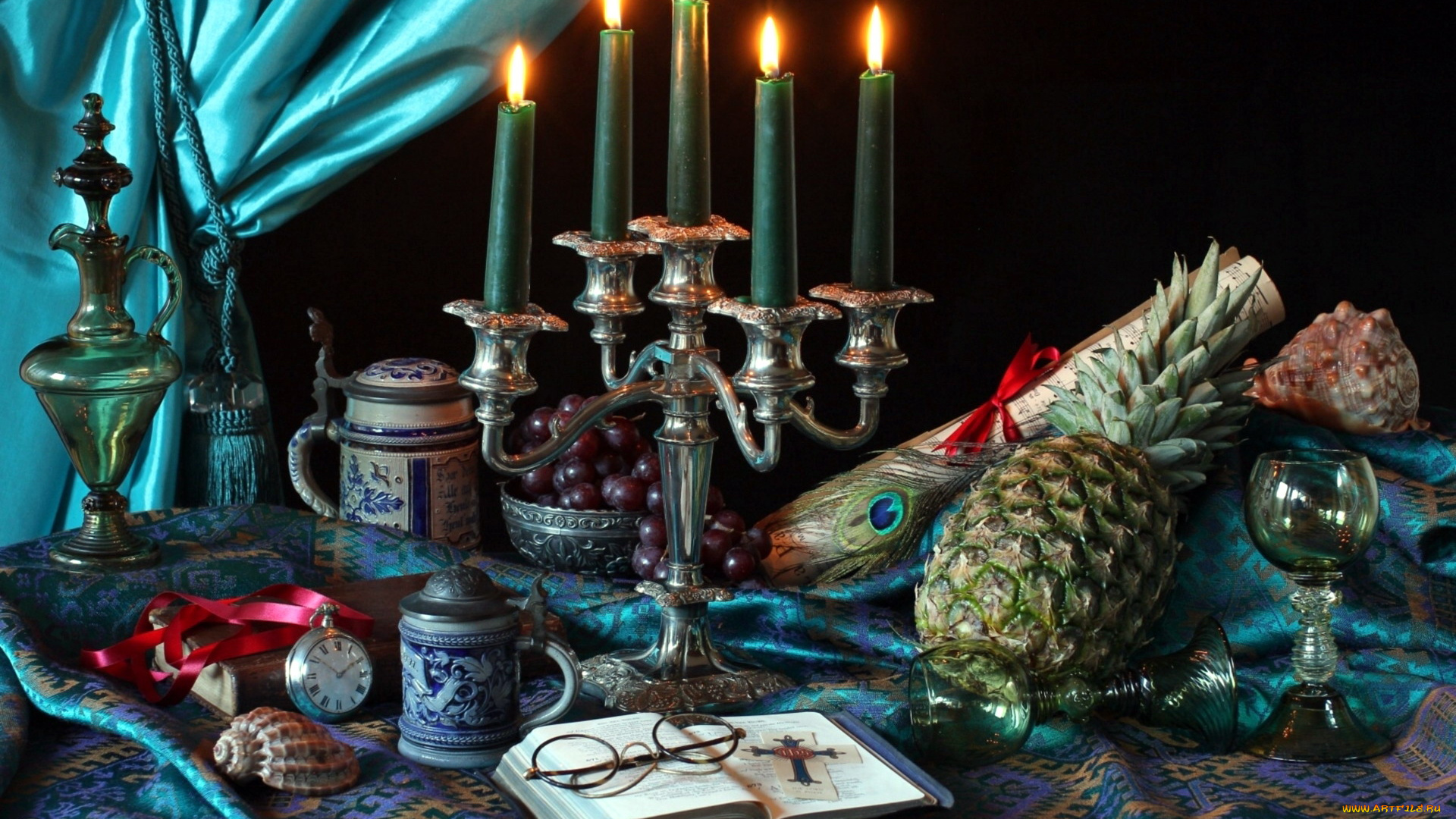 еда, натюрморт, свечи, ананас, виноград, книга, очки