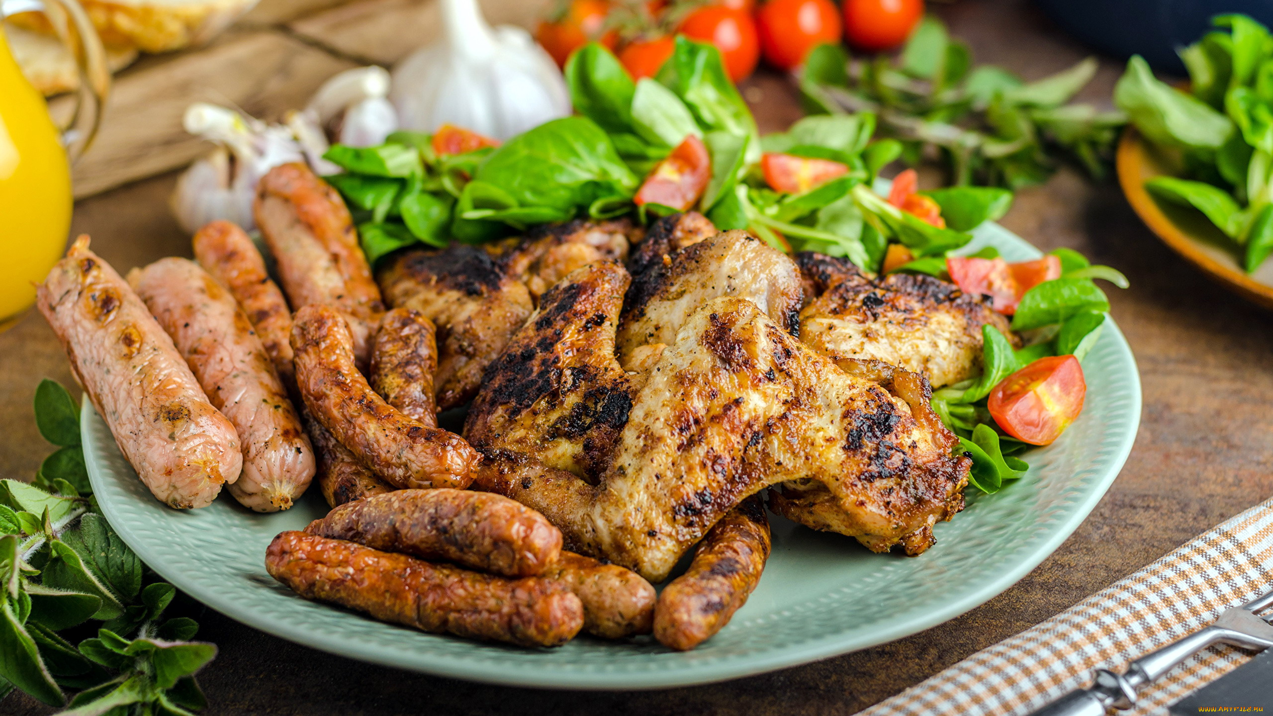 еда, мясные, блюда, колбаски, зелень, курица