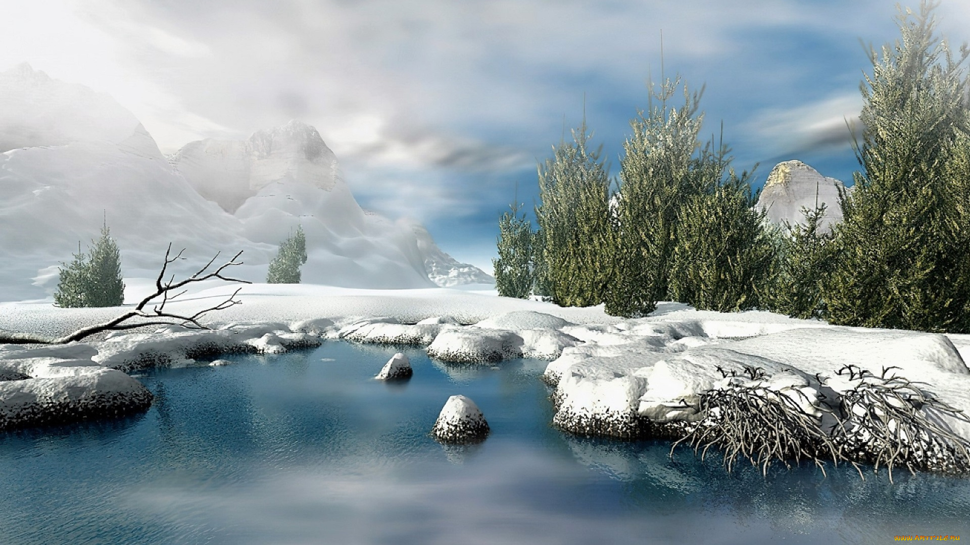 3д, графика, природа, , nature, снег, деревья, горы, озеро