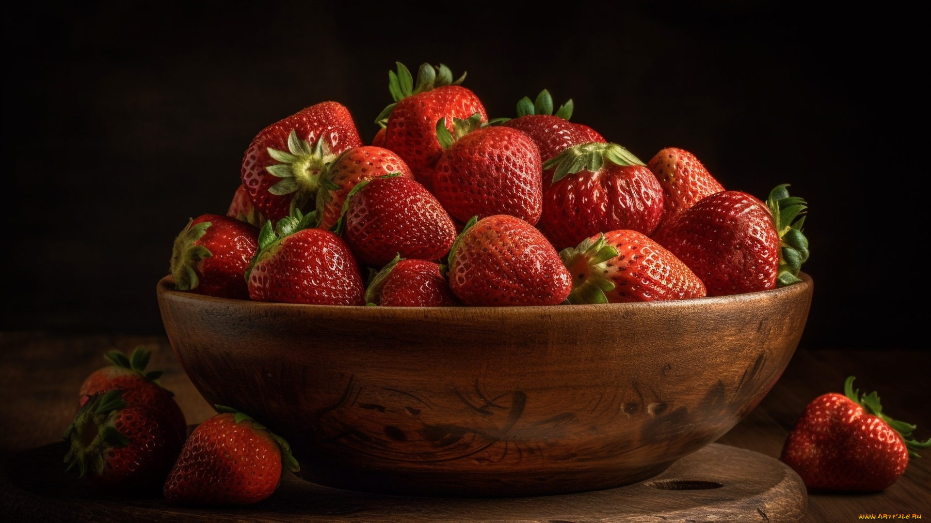 еда, клубника, , земляника, ягоды, темный, фон, рендеринг, доска, миска, черный, натюрморт, деревянная, цифровое, искусство, диджитал, арт, ии-арт, нейросеть, искусственного, интеллекта