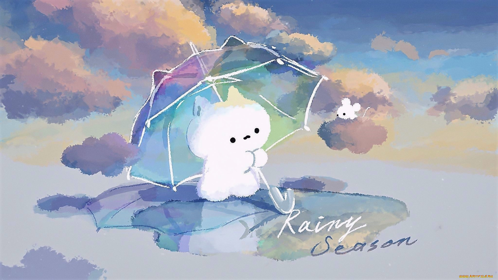 рисованное, животные, котенок, мышка, зонт