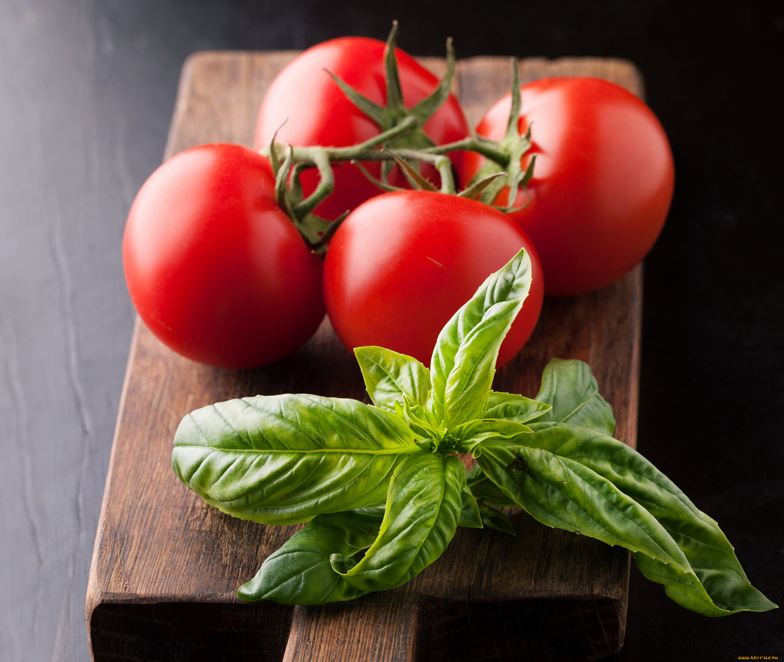еда, помидоры, базилик, красные, спелые