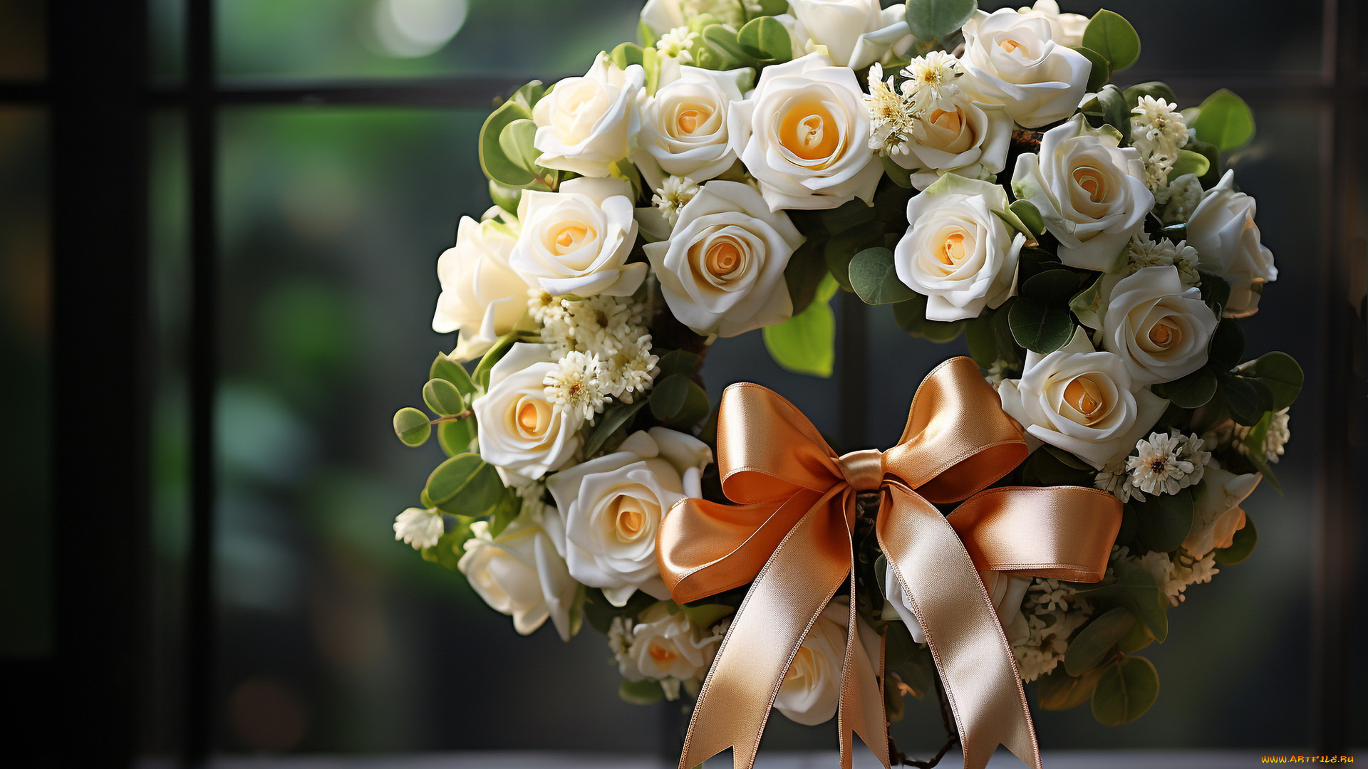 3д, графика, цветы, , flowers, венок, розы, лента, бант