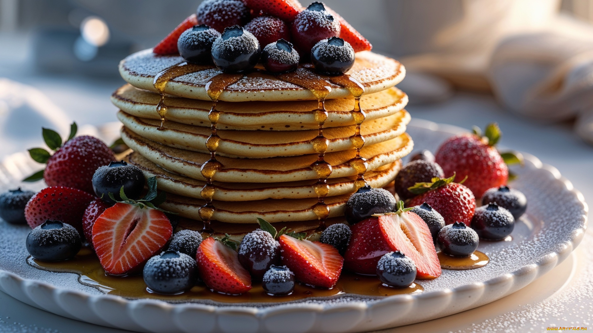 3д, графика, еда-, food, блины, ягоды, черника, клубника