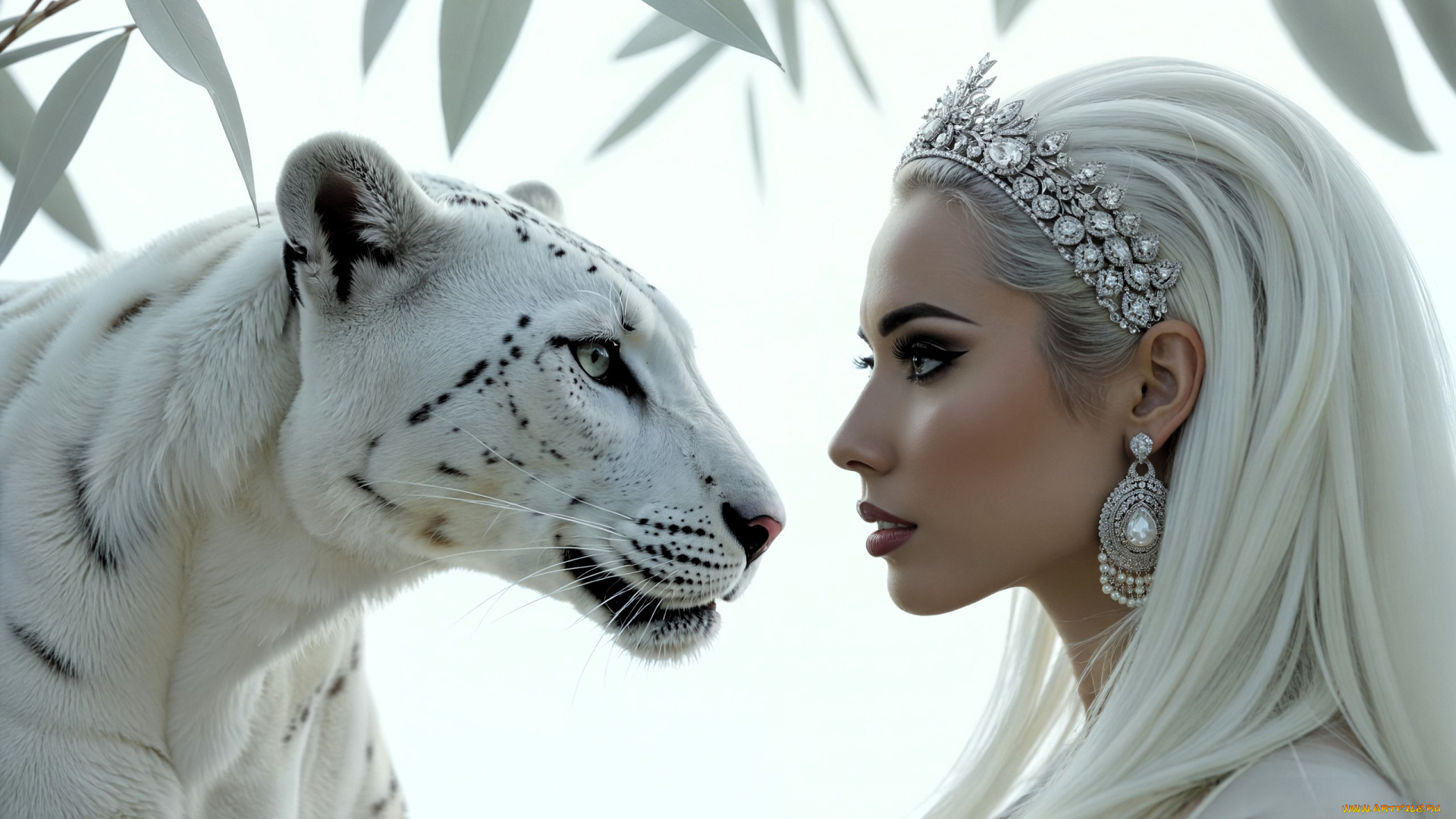 3д, графика, люди, и, животные, , people, and, animals, зверь, кошка, девушка, лицо, блондинка, диадема, серьги, листья