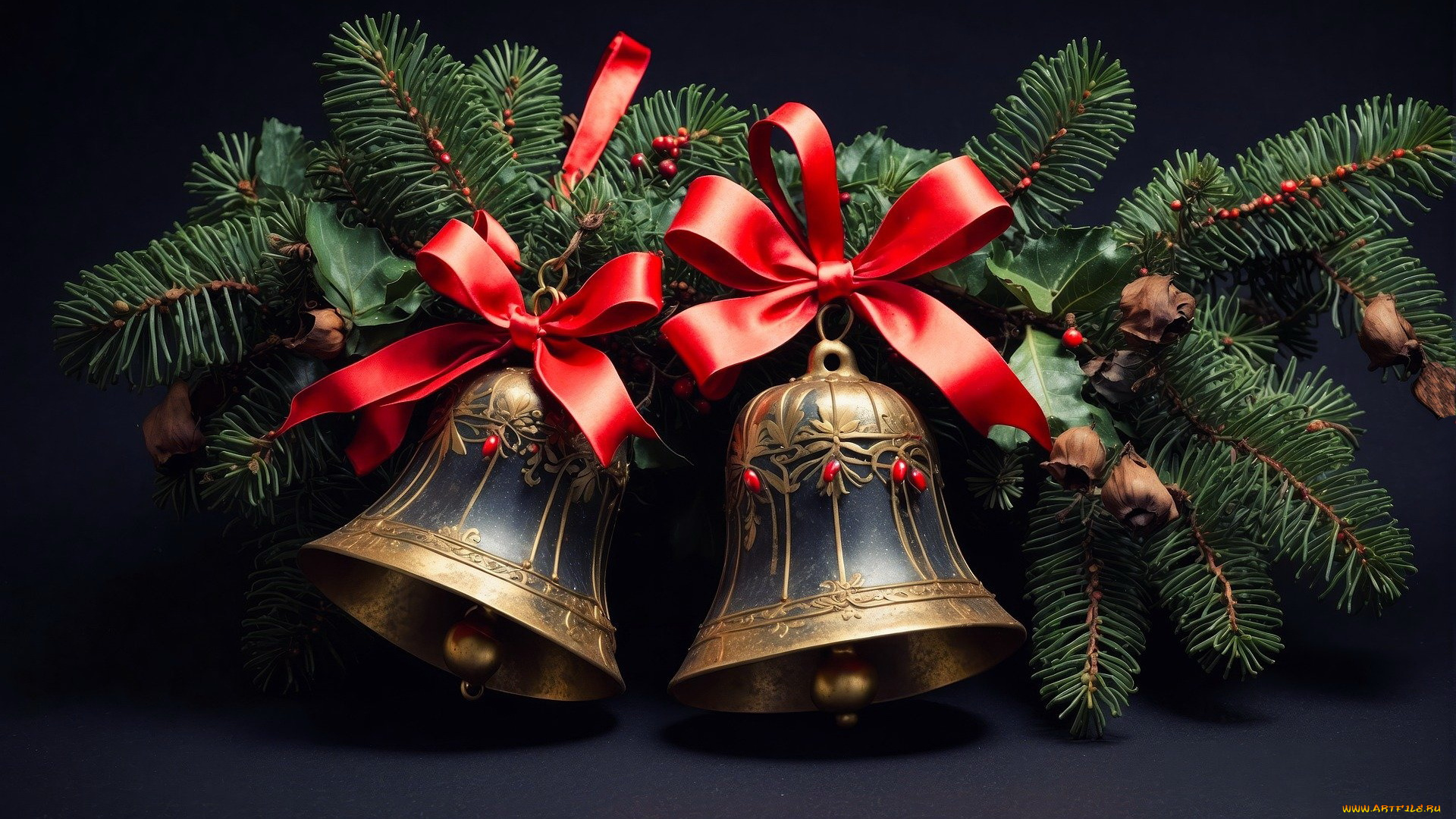 3д, графика, праздники, , holidays, колокольчики, банты, ленты, сосновые, ветки