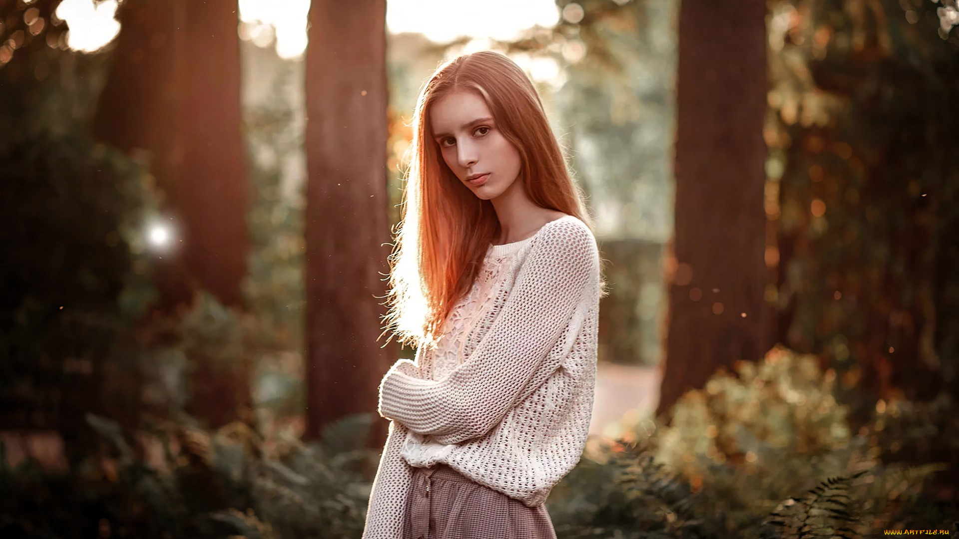 девушки, -, рыжеволосые, и, разноцветные, рыжая, свитер, лес