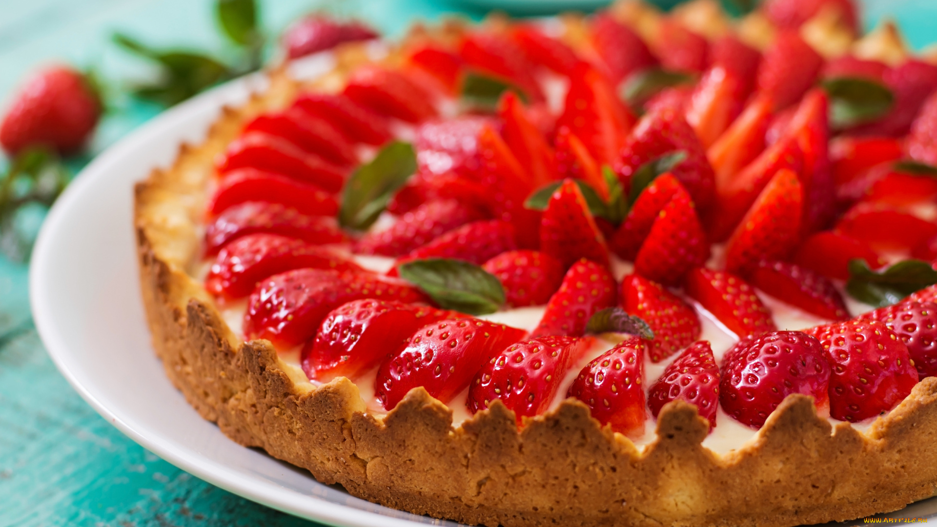 еда, пироги, мята, пирог, ягоды, клубника