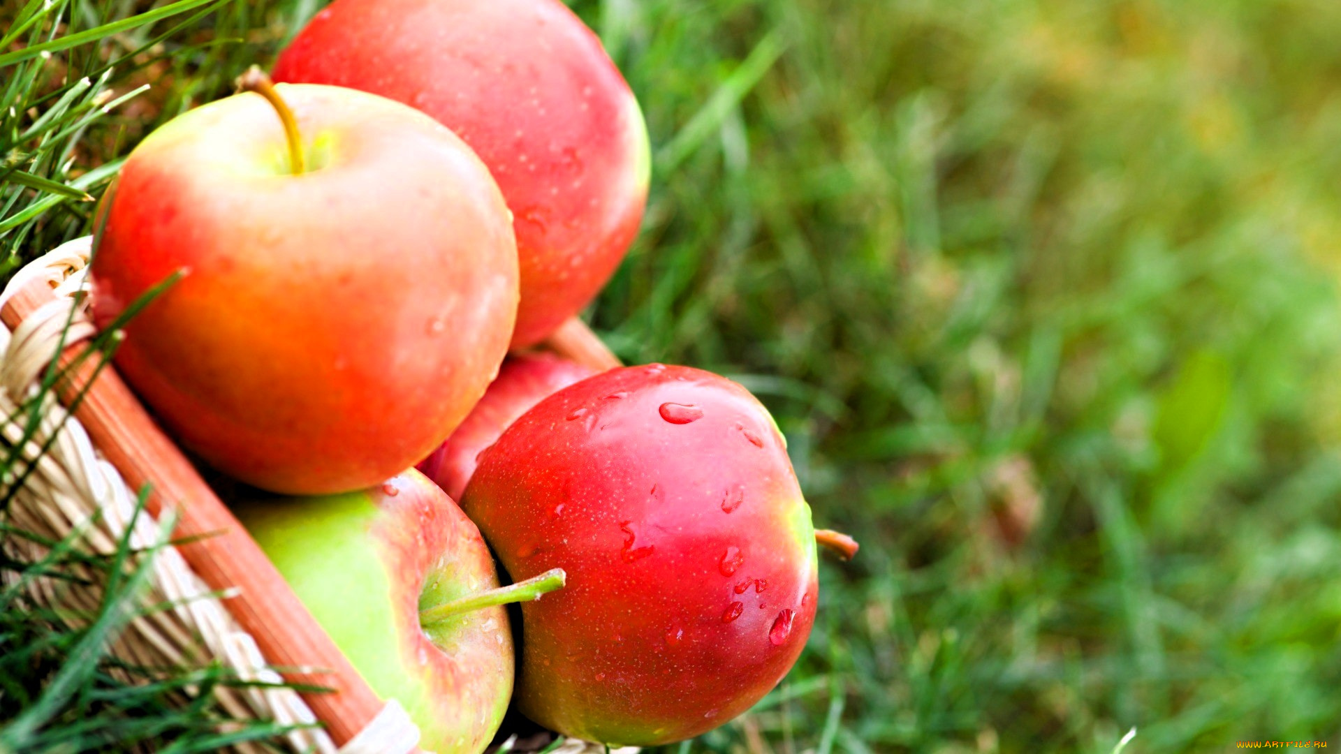 еда, яблоки, корзина, трава