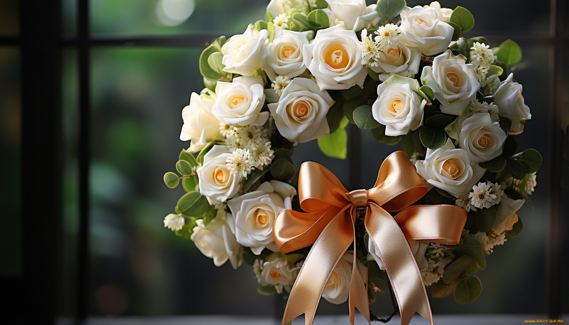 3д, графика, цветы, , flowers, венок, розы, лента, бант