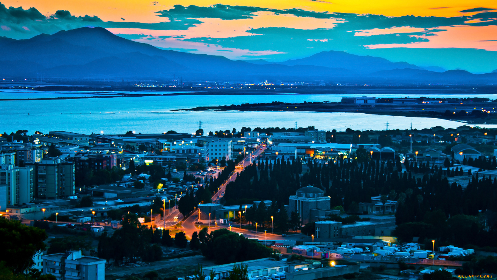 cagliari, sardinia, italy, города, огни, ночного