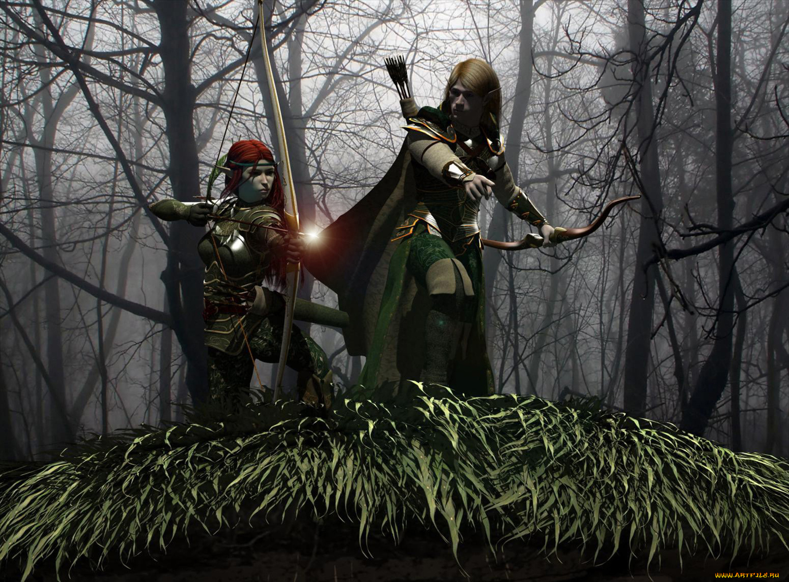 3д, графика, elves, эльфы, лук