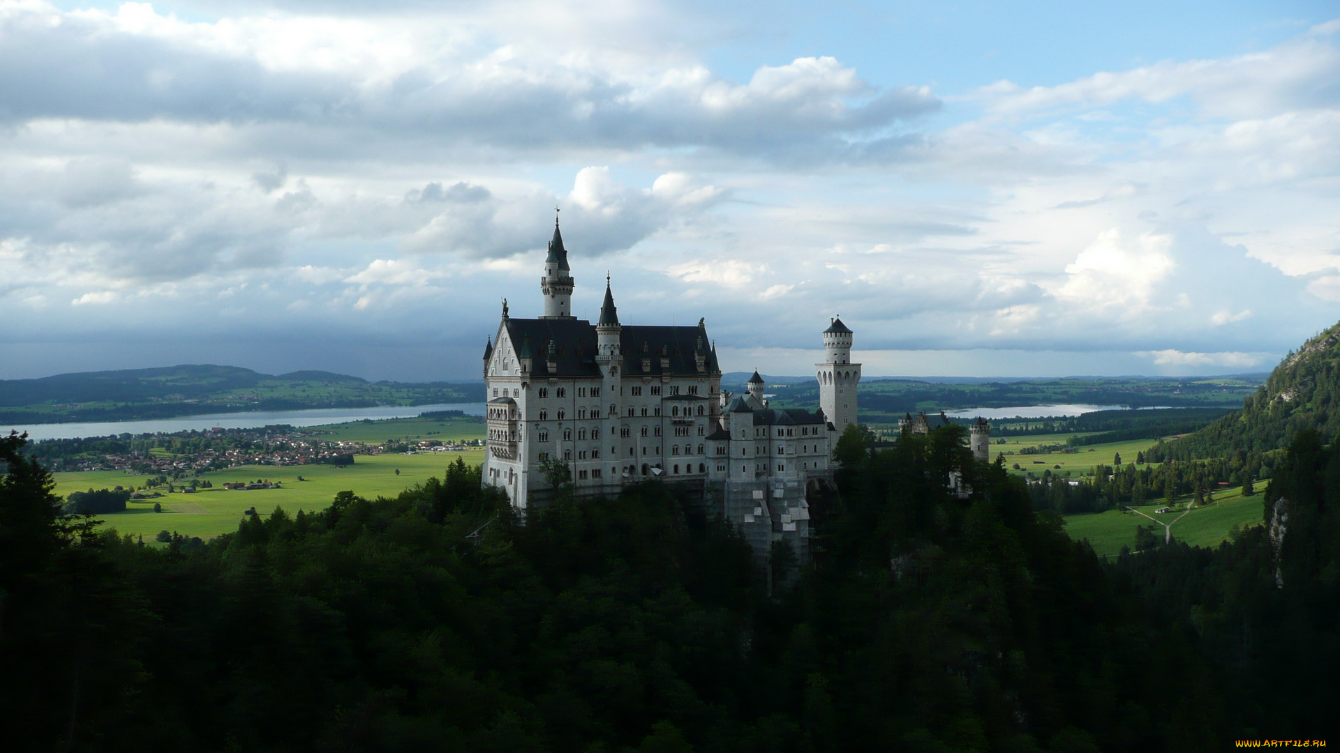 города, замок, нойшванштайн, германия, пейзаж, река