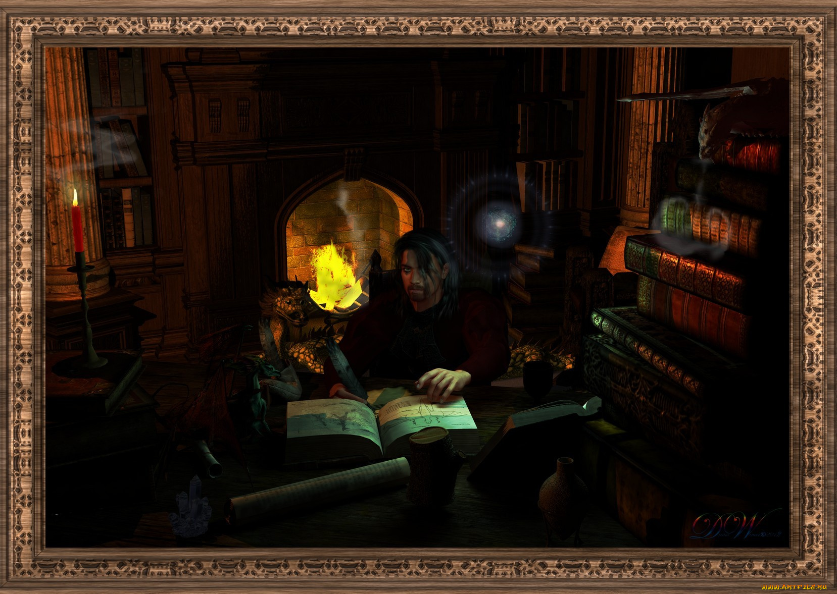 3д, графика, people, люди, очаг, книги, мужчина