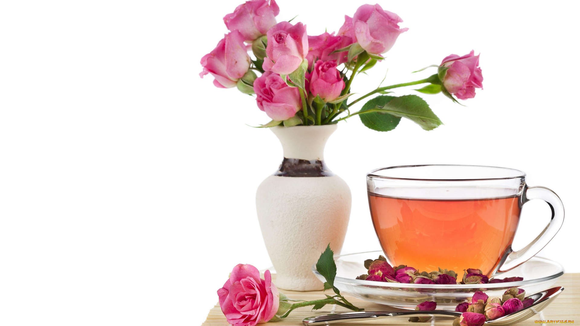 еда, напитки, Чай, чай, розы, ваза, бутоны, чашка, ложка