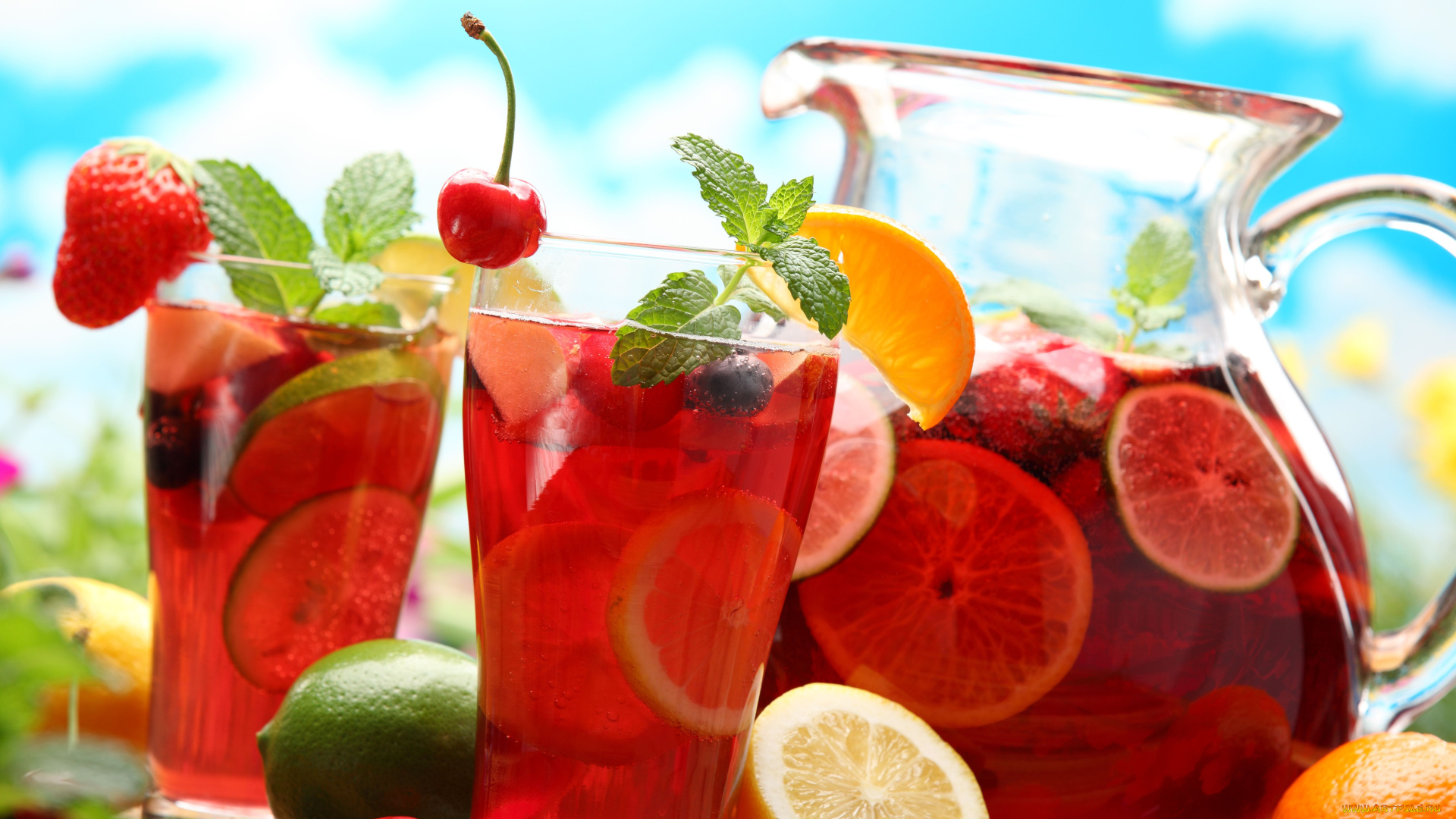 еда, напитки, стаканы, кувшин, лимон, лайм, ягоды, фрукты