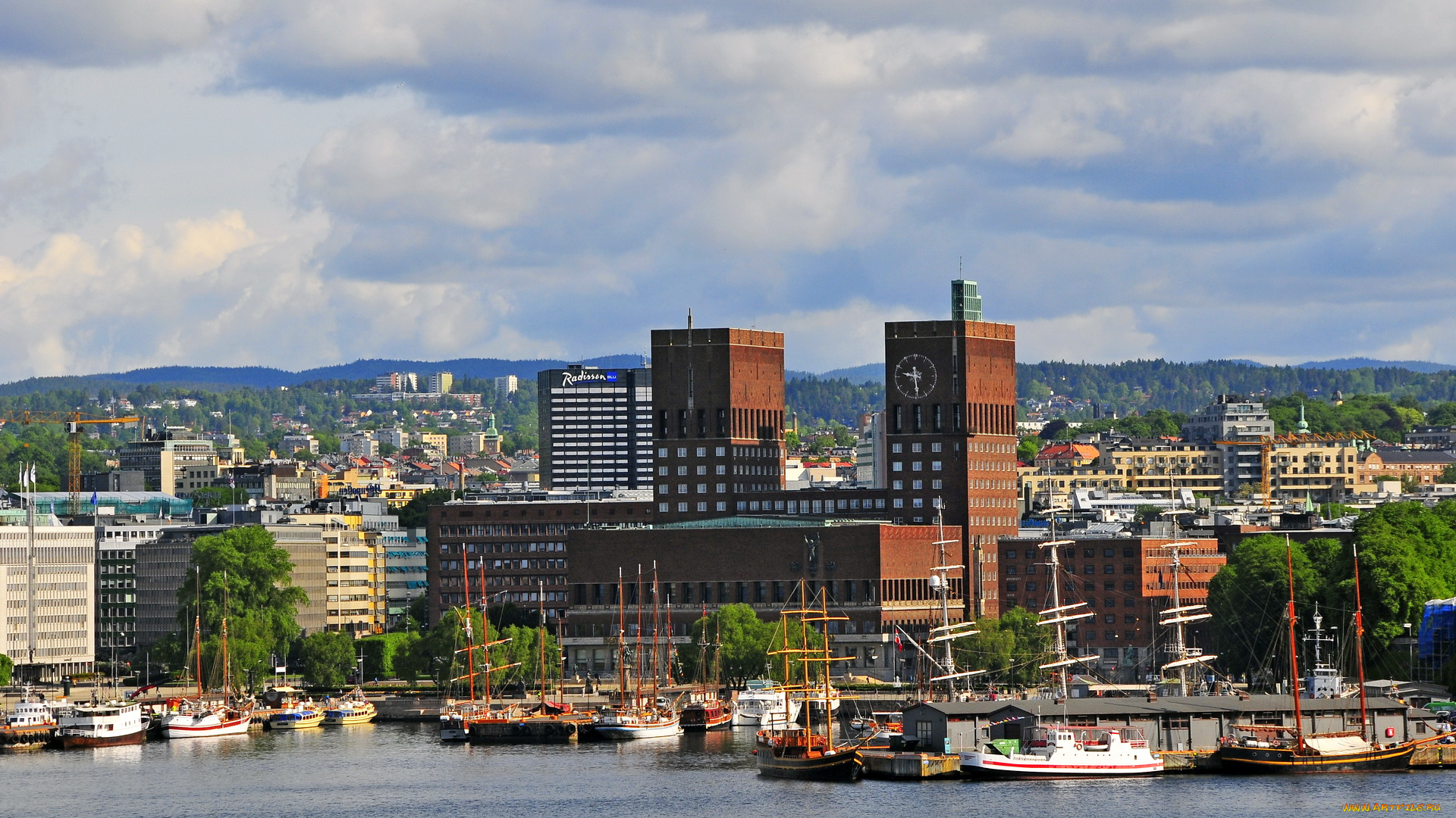 норвегия, осло, города, причал, корабли, дома, река
