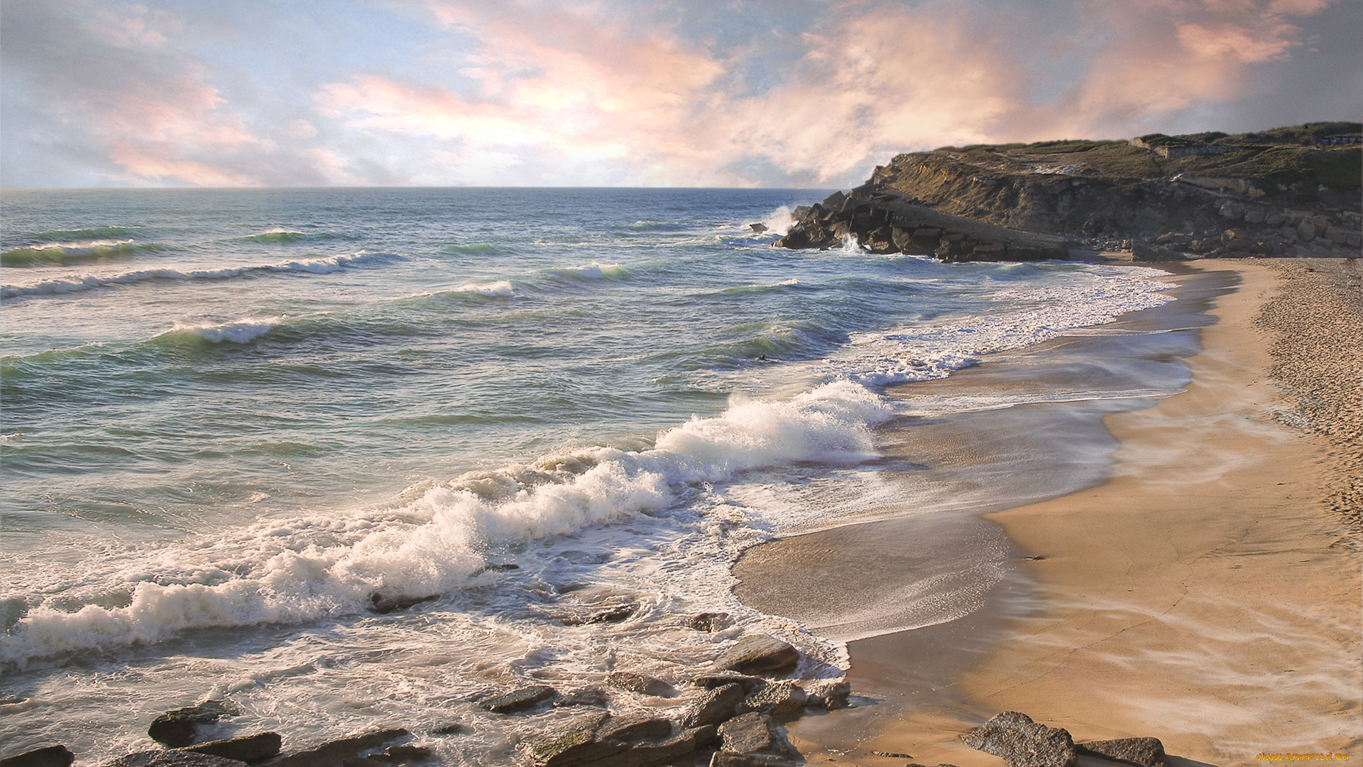 pastel, shore, природа, побережье, пляж, пена, море, волны