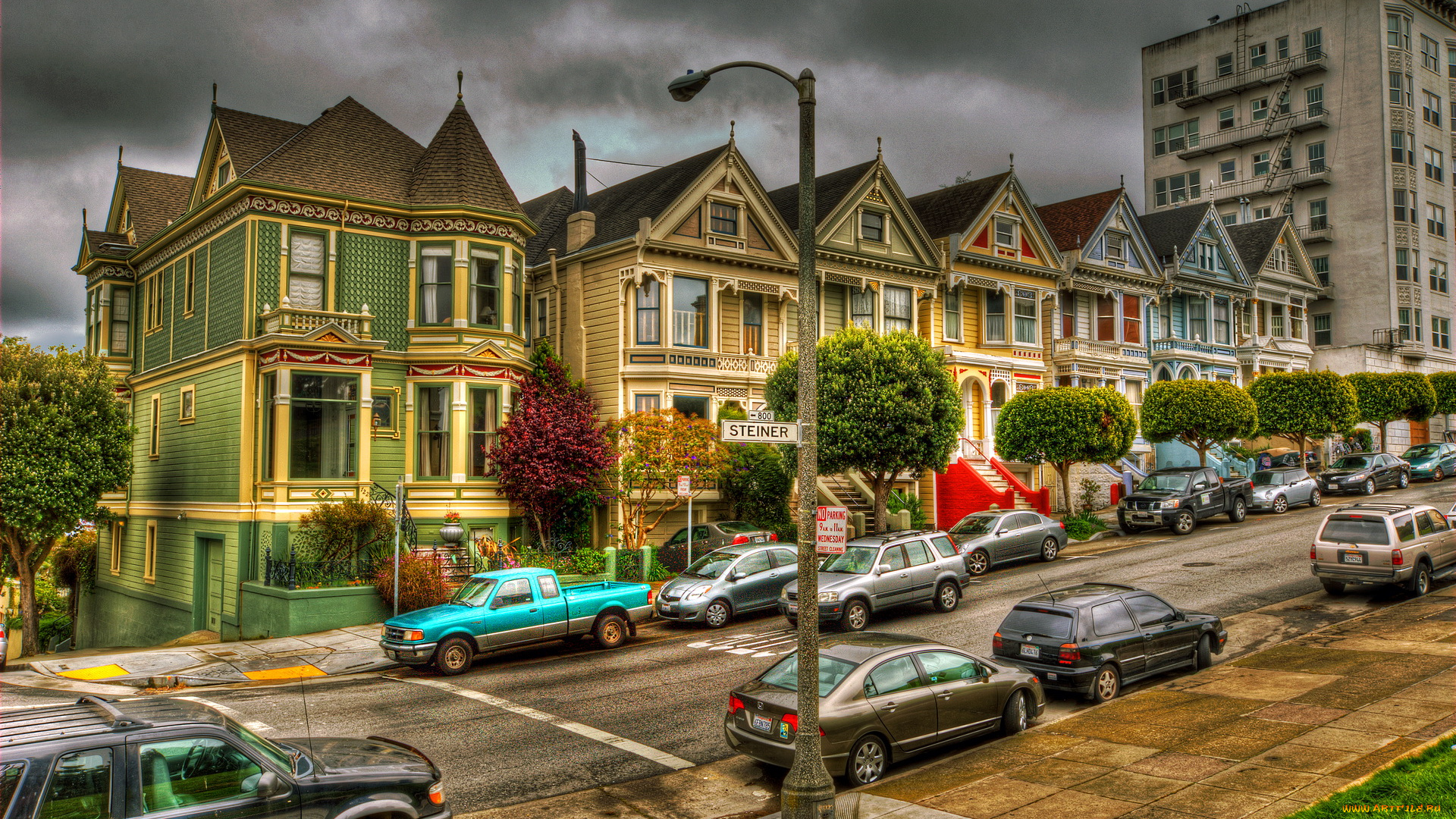 сша, калифорния, сан, франциско, города, викторианский, стиль, машины, дома, дорога