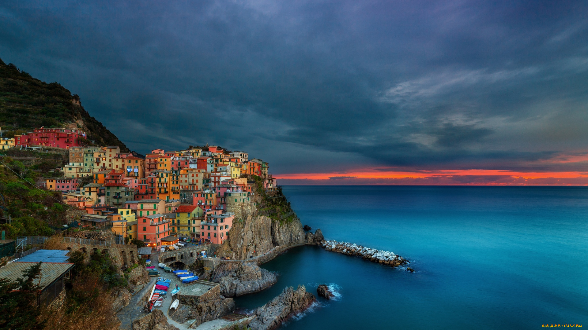 города, амальфийское, лигурийское, побережье, италия, закат, море, дома