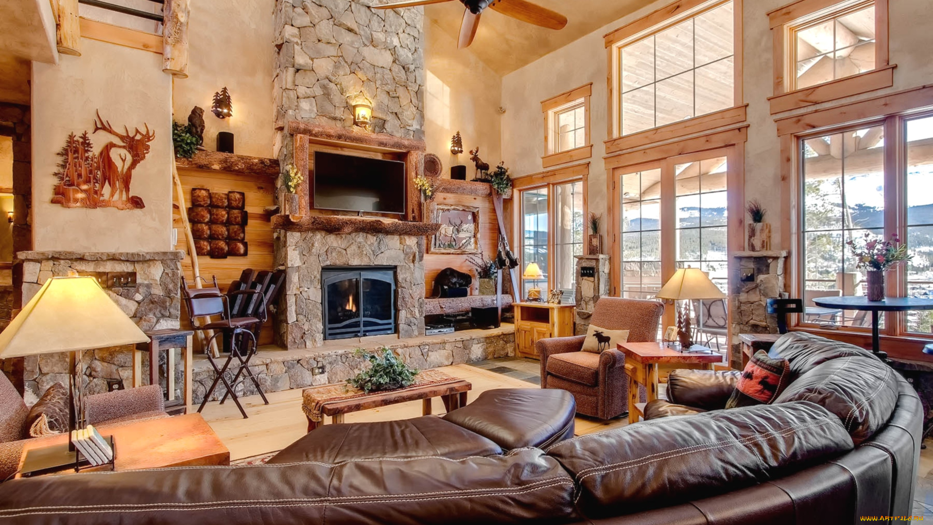 интерьер, гостиная, диваны, камин