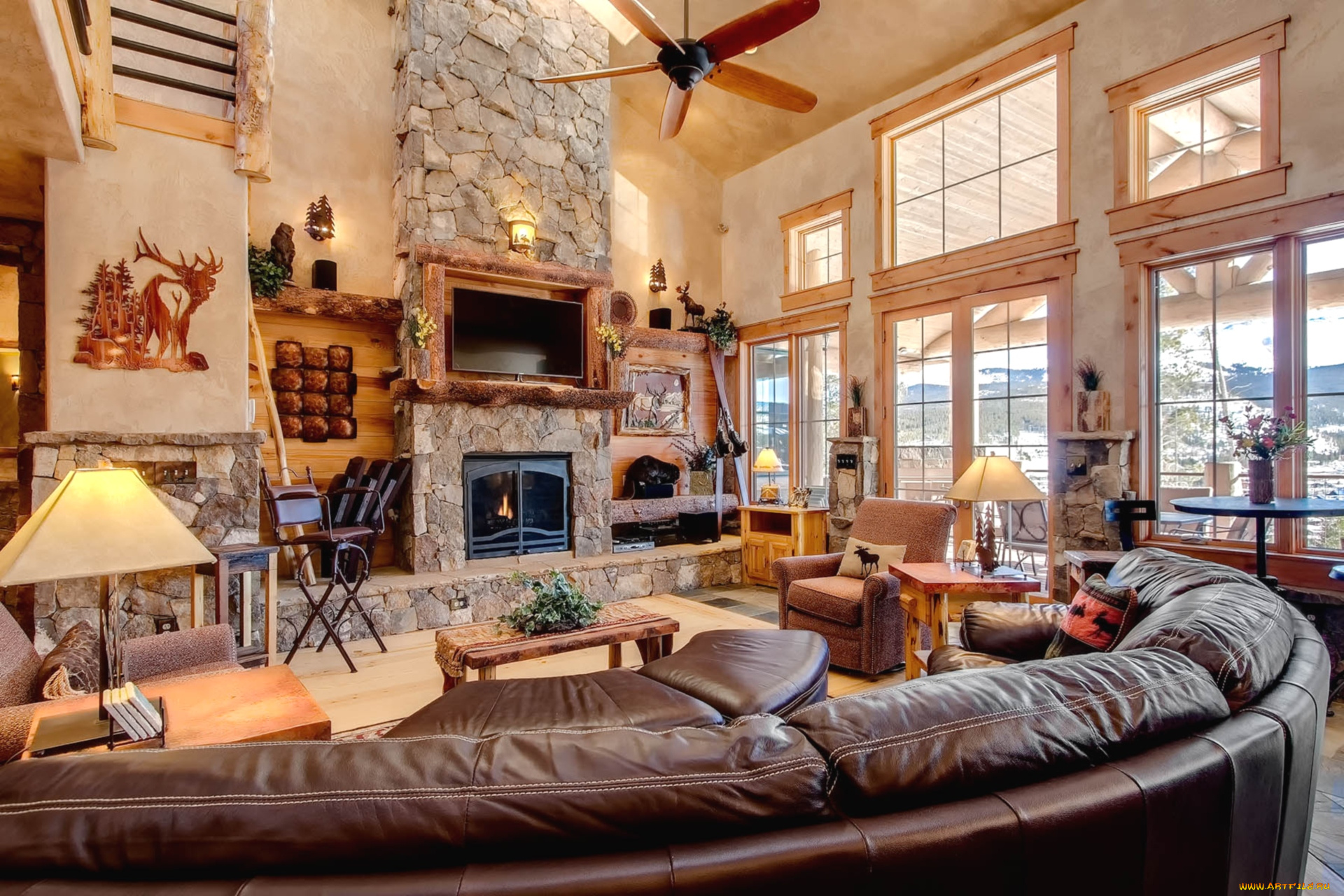 интерьер, гостиная, диваны, камин