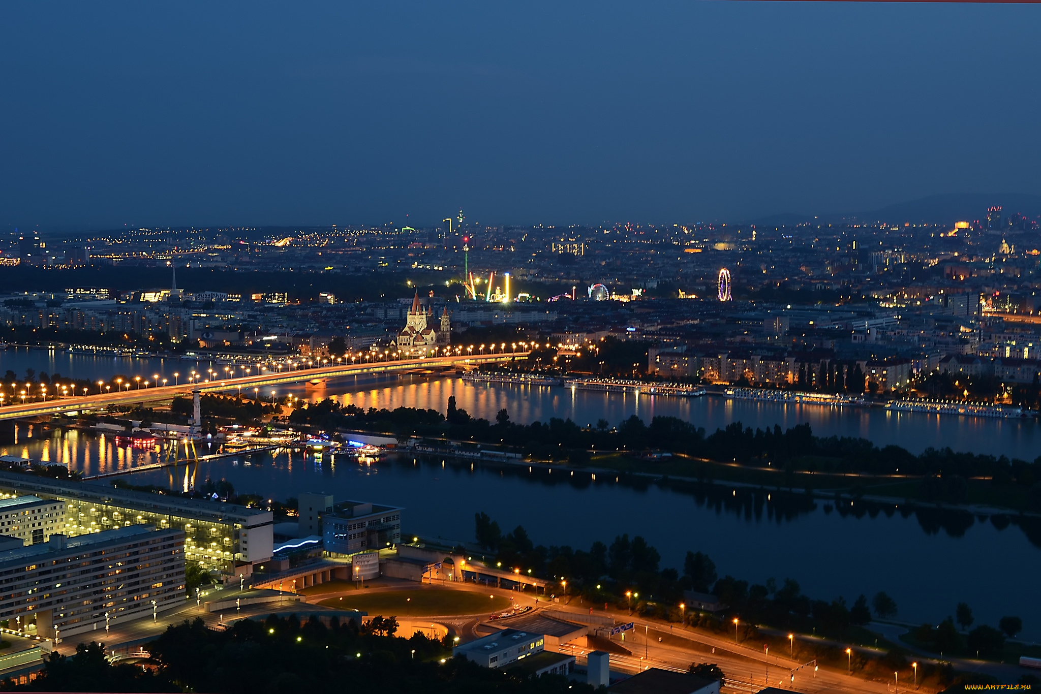 города, вена, австрия, река, ночь, панорама, огни, мост