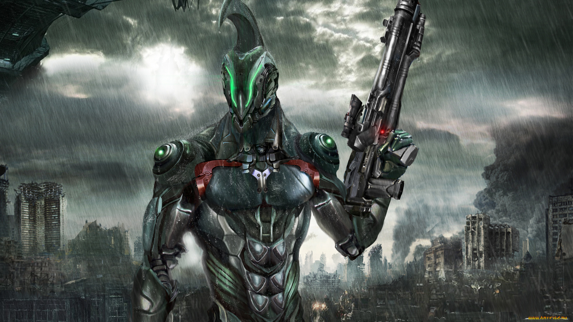 фэнтези, роботы, , киборги, , механизмы, дождь, руины, оружие, робот