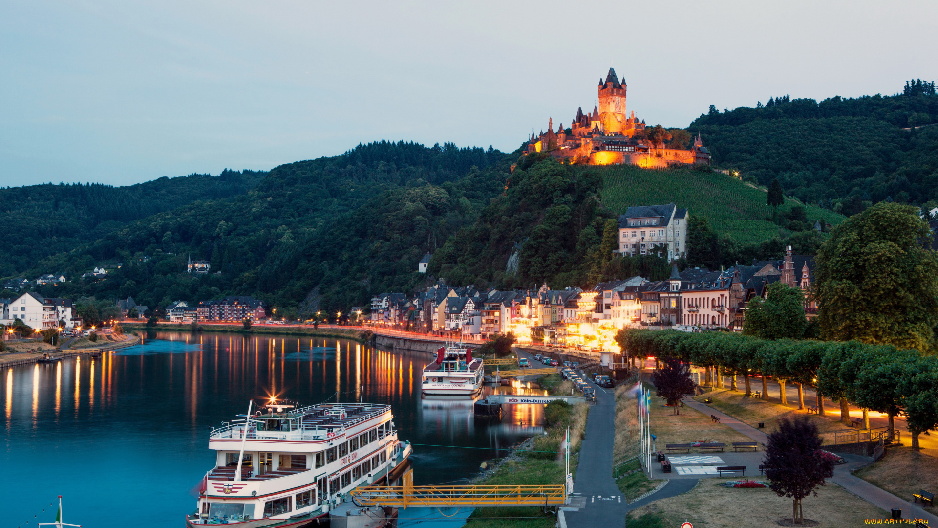 города, кохем, , германия, ночь, огни, кохем, cochem, дома, замок, река