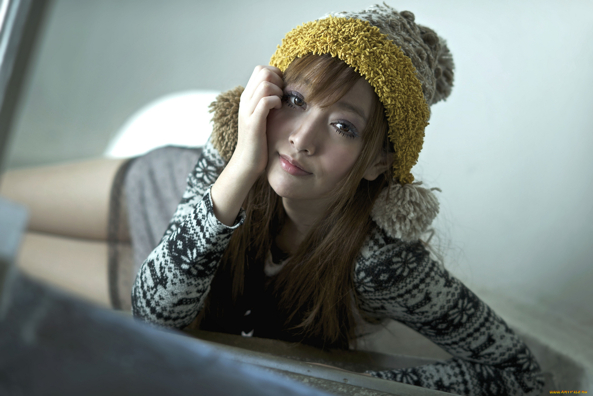 девушки, yumi, fan, шапочка, взгляд, лицо