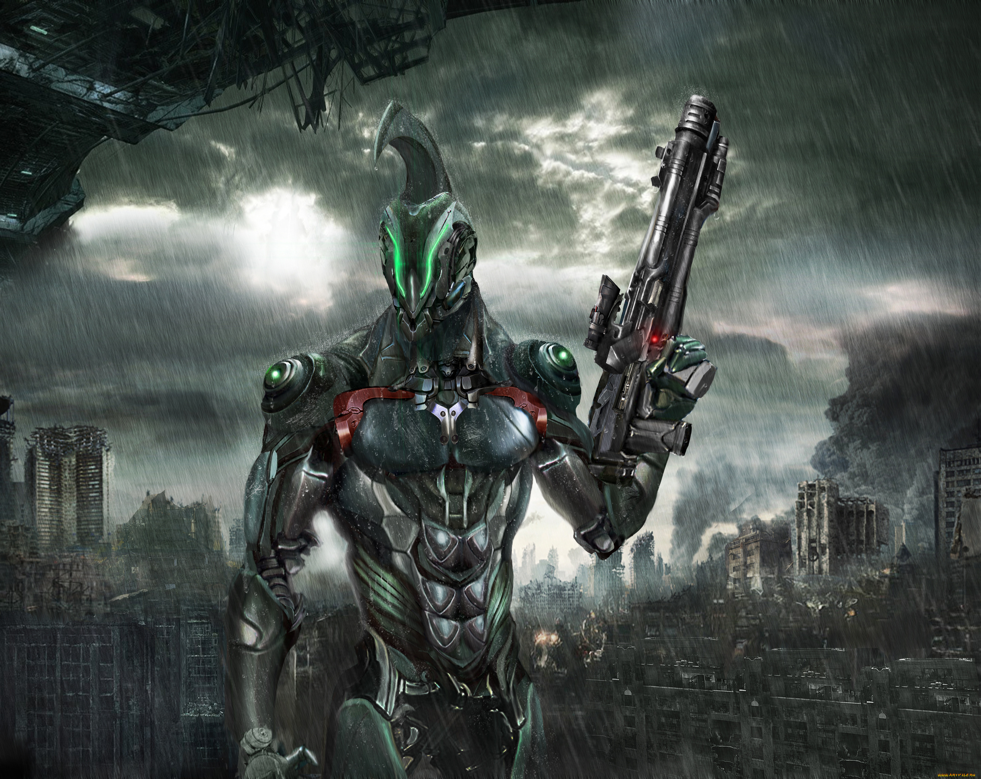 фэнтези, роботы, , киборги, , механизмы, дождь, руины, оружие, робот