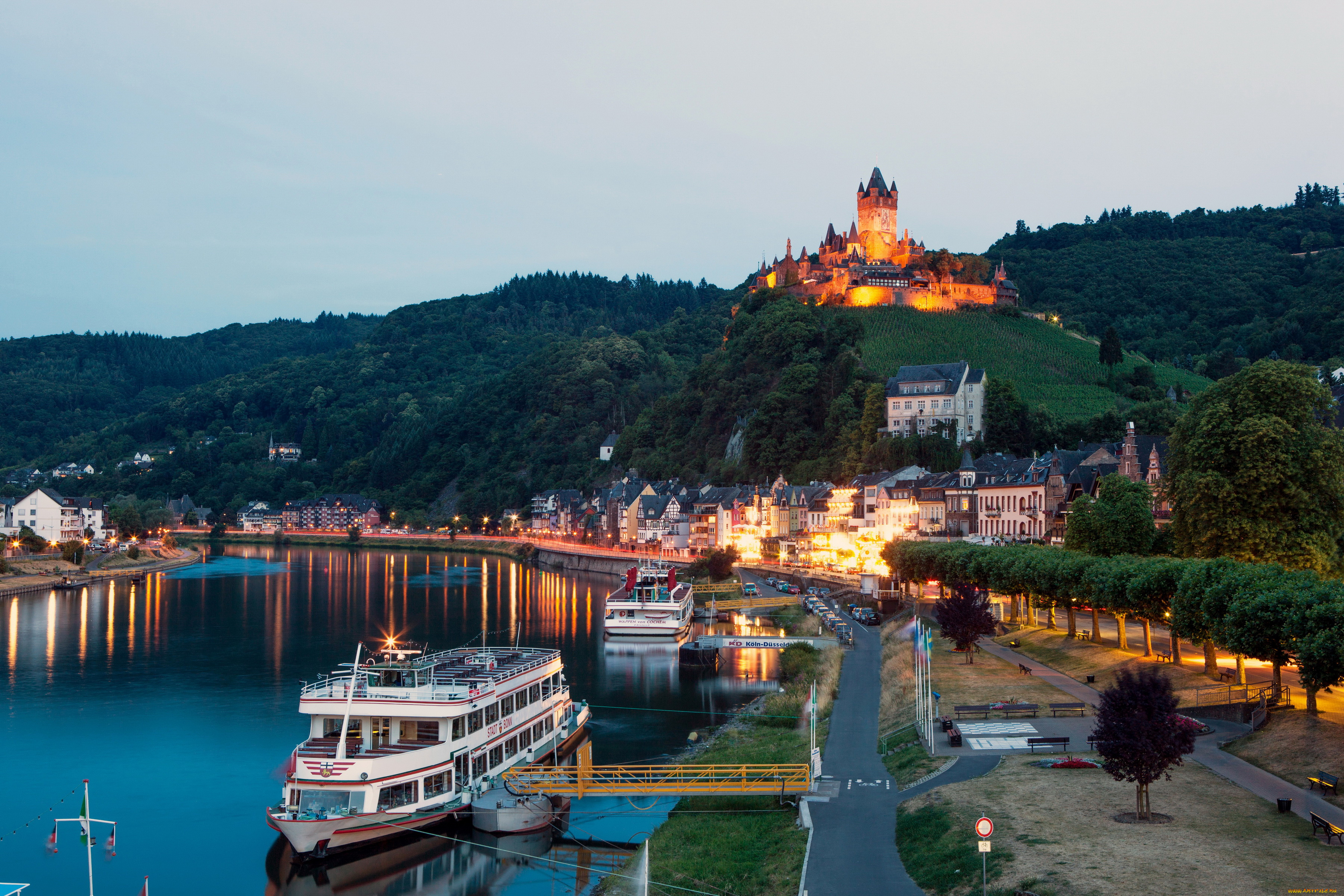 города, кохем, , германия, ночь, огни, кохем, cochem, дома, замок, река