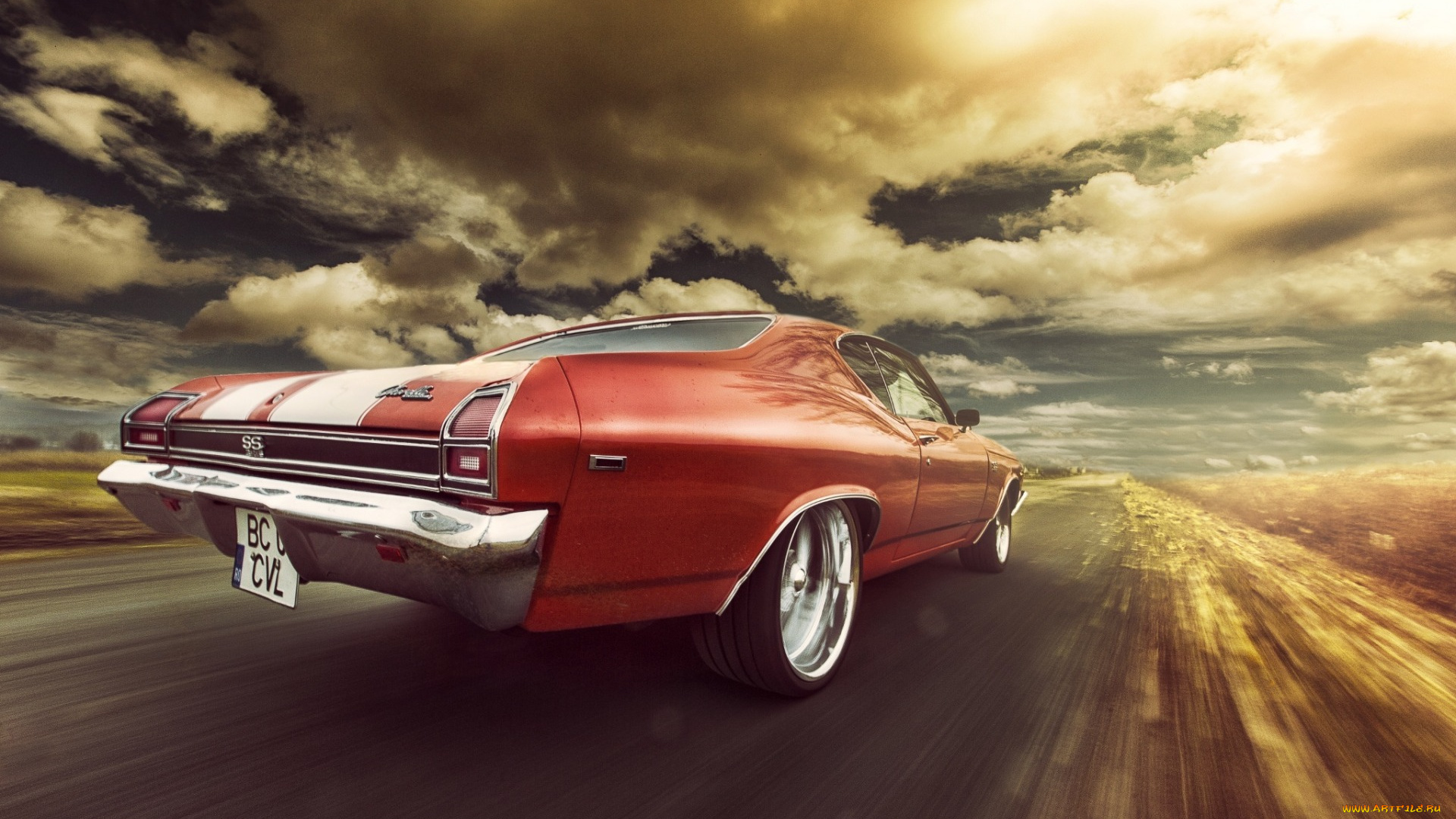 автомобили, chevrolet, 1969, ss, chevelle, speed, orange, rear